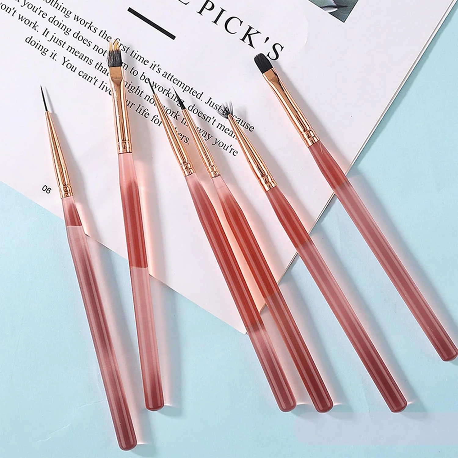 ست قلمو طراحی ناخن، 6 عدد قلم طراحی ناخن، ابزار طراحی با قلم موی ژل اکستنشن، قلم موی خط ناخن، قلم موی حکاکی ناخن، قلم نقطه گذاری ناخن و قلم موی ژل بیلدر برای استفاده در سالن های خانگی