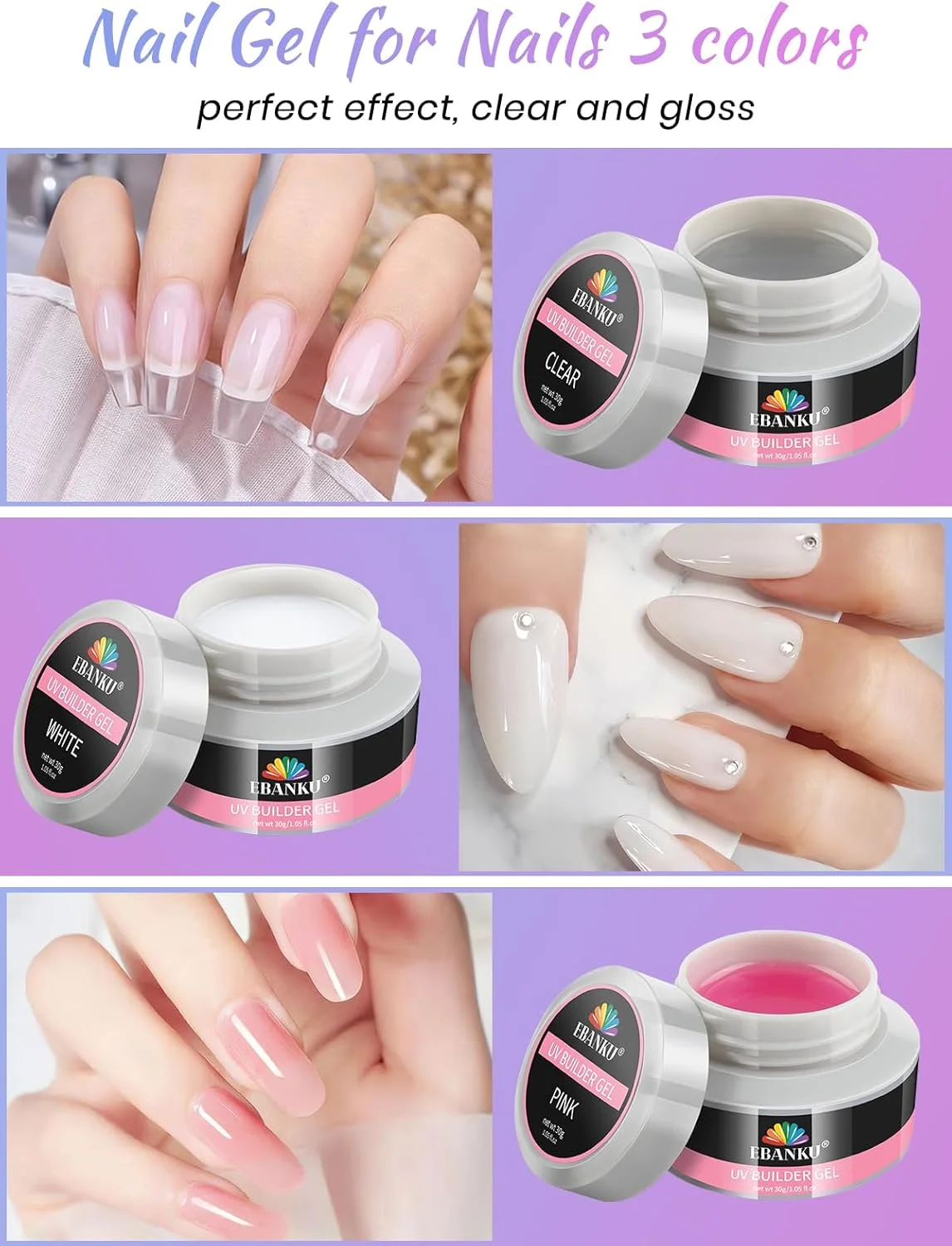 ست ژل بیلدر ناخن EBANKU - 3 رنگ 30ml ژل سخت بیلدر سفید صورتی شفاف برای ناخن، ست حرفه ای اکستنشن ژل بیلدر برای مبتدیان، طراحی ناخن ست ژل بیلدر ناخن EBANKU - 3 رنگ 30ml ژل سخت بیلدر سفید صورتی شفاف برای ناخن، ست حرفه ای اکستنشن ژل بیلدر برای مبتدیان، طراحی ناخن