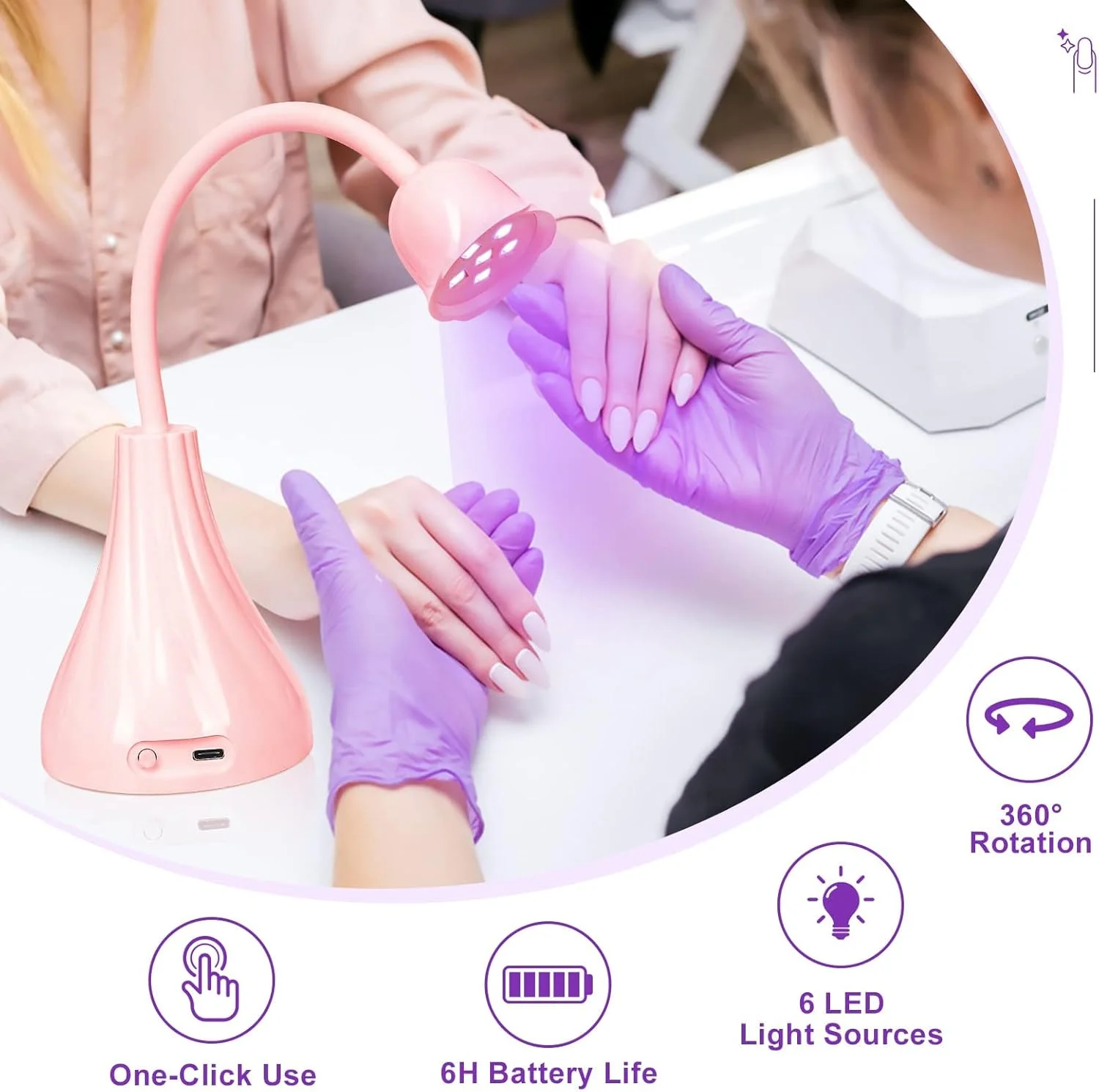 لامپ ناخن KASTWAVE، خشک کن ناخن صورتی، چراغ LED کوچک برای خشک کردن سریع ناخن، لامپ ژل اکستنشن ناخن با گردن غازی چرخان برای خشک کردن سریع ژل ناخن و طراحی ناخن DIY