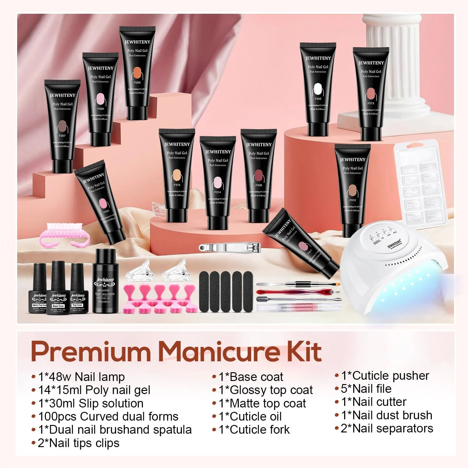 کیت ژل پلی اکستنشن JEWHITENY با لامپ LED ناخن 48 وات، 14 رنگ ژل اکستنشن ساز، کیت فرانسوی همه کاره، کیت طراحی ناخن برای مبتدیان کیت ژل پلی اکستنشن JEWHITENY با لامپ LED ناخن 48 وات، 14 رنگ ژل اکستنشن ساز، کیت فرانسوی همه کاره، کیت طراحی ناخن برای مبتدیان