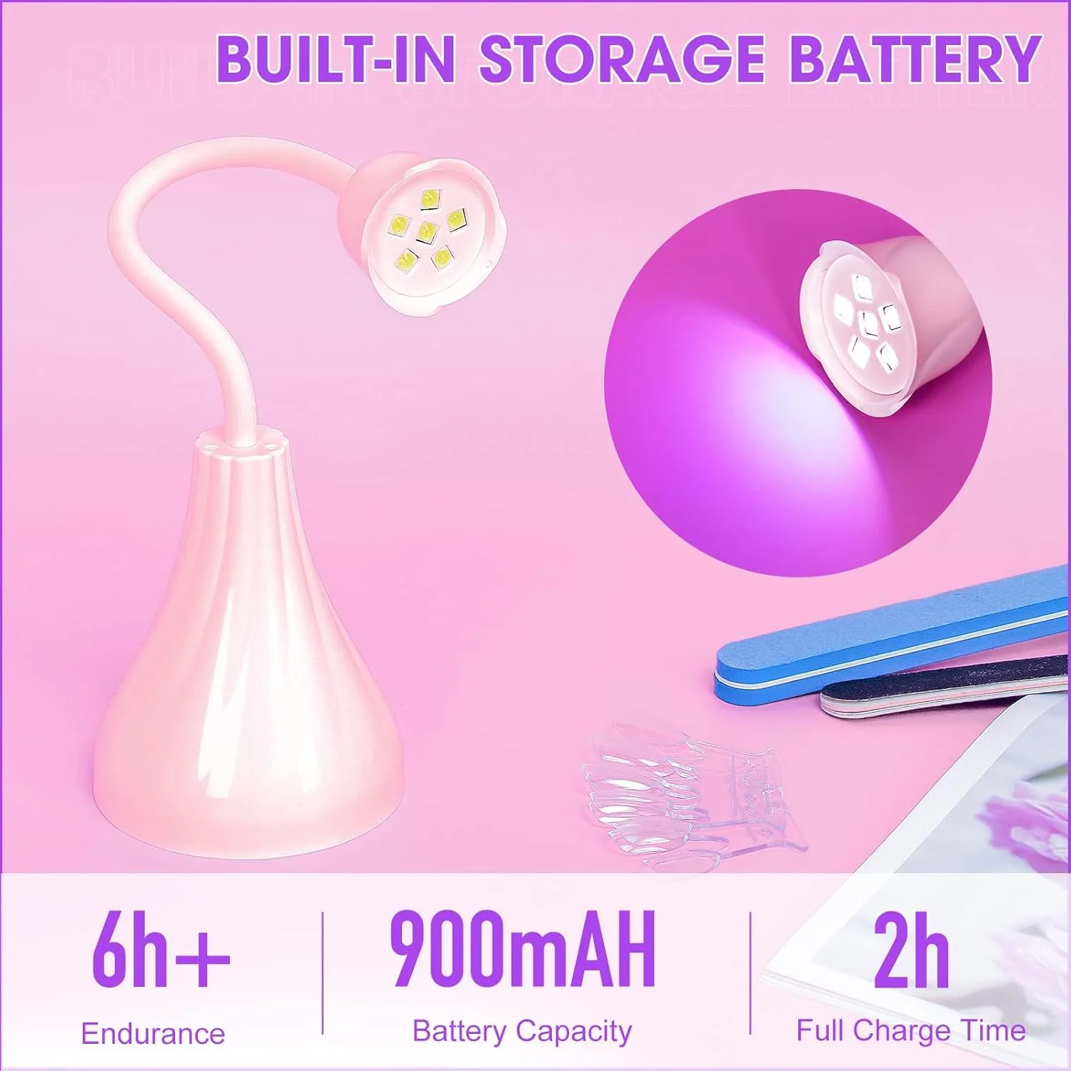 لامپ ناخن KASTWAVE، خشک کن ناخن صورتی، چراغ LED کوچک برای خشک کردن سریع ناخن، لامپ ژل اکستنشن ناخن با گردن غازی چرخان برای خشک کردن سریع ژل ناخن و طراحی ناخن DIY