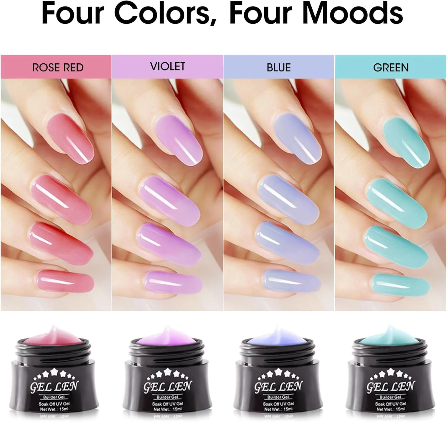 کیت ژل بیلدر Gellen - کیت اکستنشن ناخن رز قرمز بنفش آبی سبز کیت ژل ناخن بیلدر 4 رنگ پاستلی ژل سخت بیلدر ناخن 15 میلی لیتر