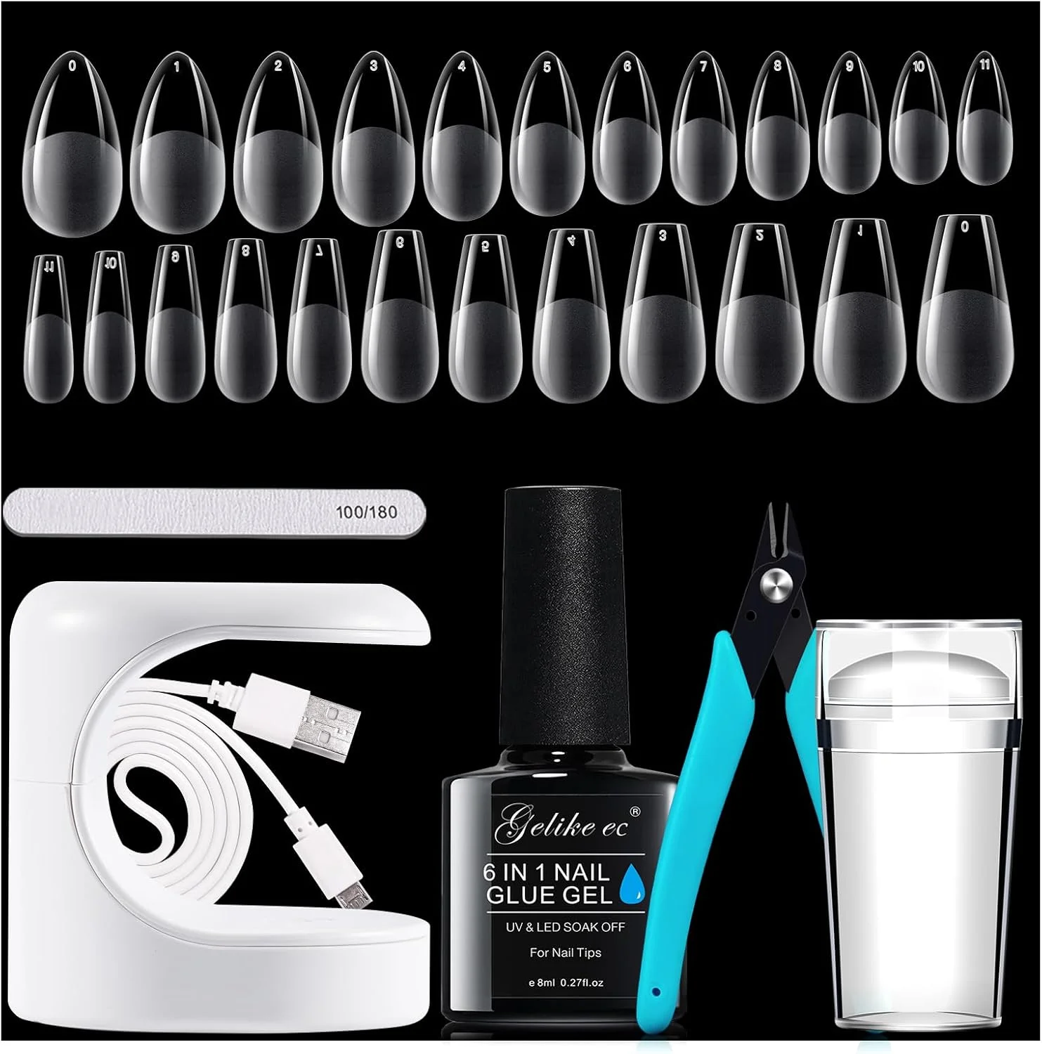 ست اکستنشن ناخن ژلیش Gelike ec - مهر ناخن فرنچ، چسب ناخن ژلی 6 در 1، 240 عدد تیپ ناخن ژلی بادامی و تابوتی نرم پوشش کامل، لامپ UV ناخن
