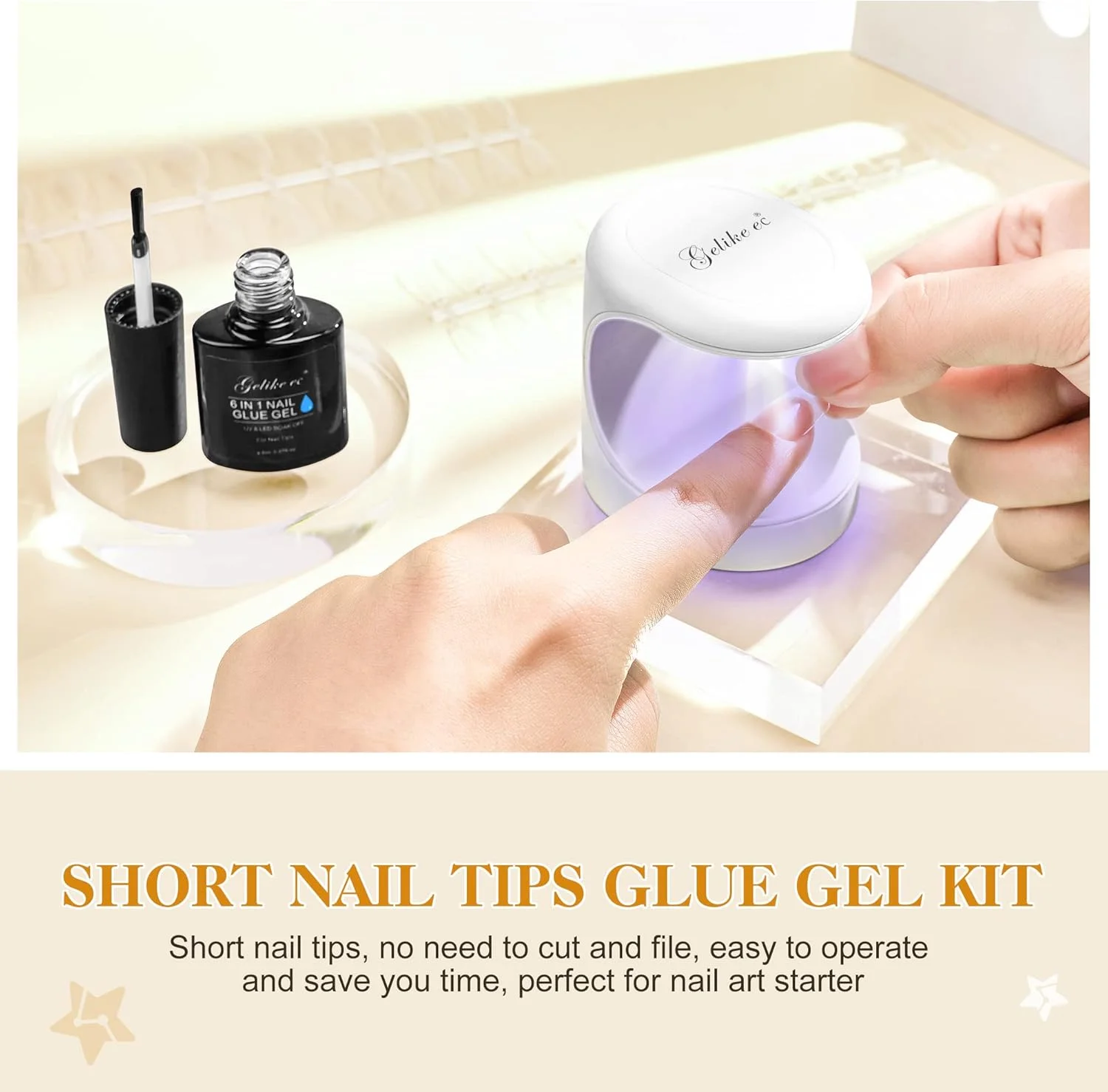 کیت ناخن مصنوعی و چسب ژل Gelike ec، ناخن مصنوعی مربعی کوتاه برای اکستنشن ژل، 240 عدد، ناخن مصنوعی ژل نرم پوشش کامل، چسب ناخن 6 در 1 UV، مینی لامپ UV ناخن، کیت استارتر طراحی ناخن، هدیه کریسمس
