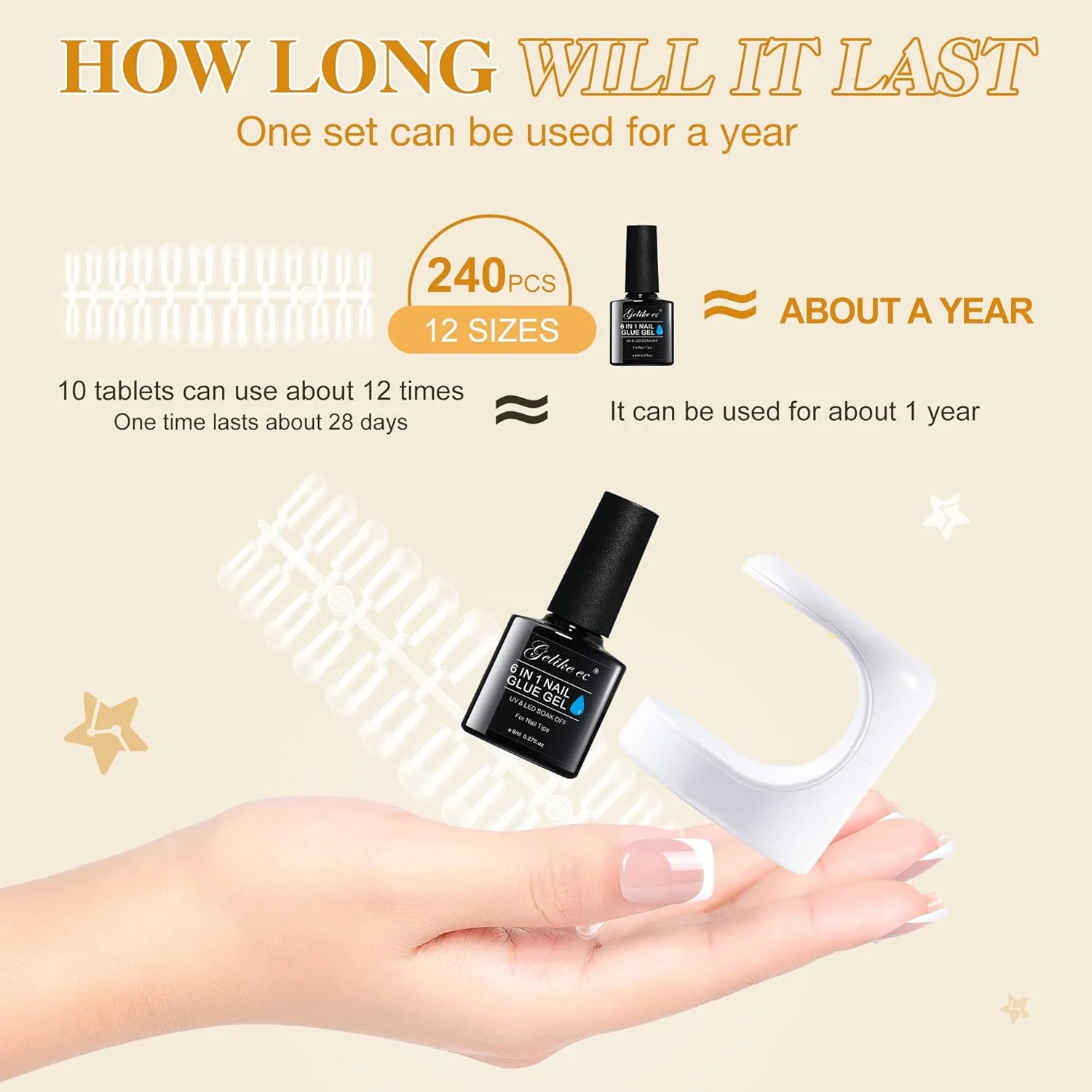 کیت ناخن مصنوعی و چسب ژل Gelike ec، ناخن مصنوعی مربعی کوتاه برای اکستنشن ژل، 240 عدد، ناخن مصنوعی ژل نرم پوشش کامل، چسب ناخن 6 در 1 UV، مینی لامپ UV ناخن، کیت استارتر طراحی ناخن، هدیه کریسمس