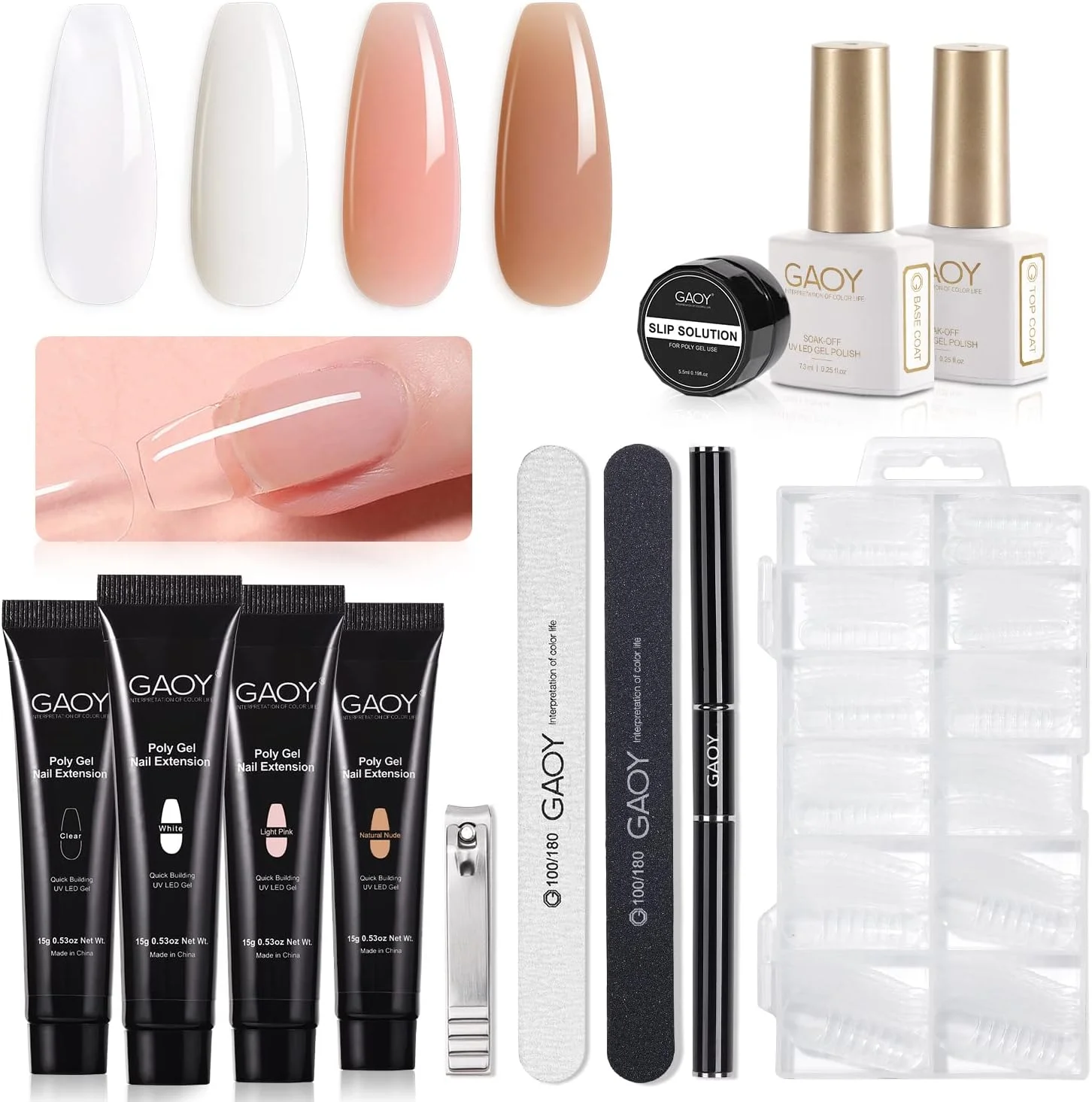 کیت ژل پولی اکستنشن ناخن GAOY شامل 4 رنگ با تاپ کت، بیس کت، قالب های دوگانه و ابزار، تقویت کننده ناخن، کیت ژل سازنده همه کاره، مانیکور فرانسوی