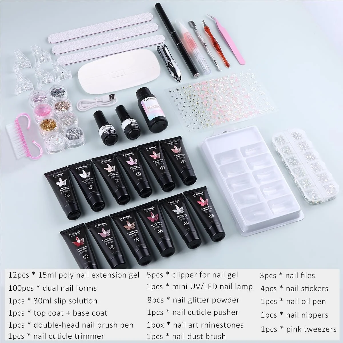 کیت ژل ناخن پلی Fcozpjk با نور UV، کیت اکستنشن ناخن ژل سازنده 12 رنگ برای مبتدیان با همه چیز، محلول لغزنده فرم های ناخن دوتایی، کیت استارتر طراحی هنر ناخن ژل پلی اکلیلی درشت