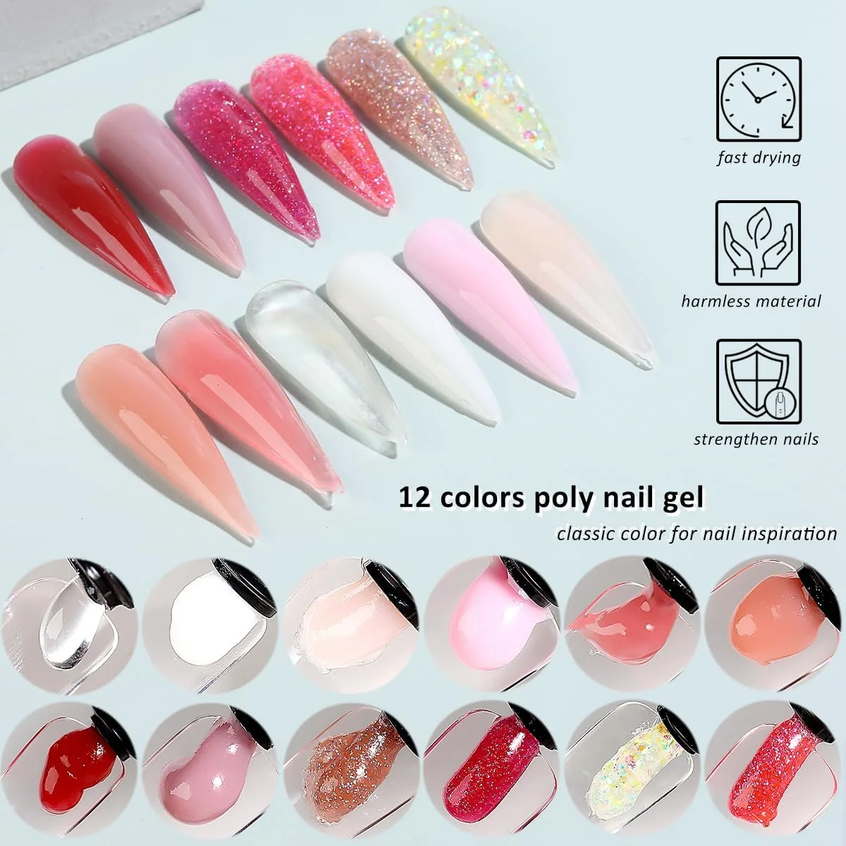 کیت ژل ناخن پلی Fcozpjk با نور UV، کیت اکستنشن ناخن ژل سازنده 12 رنگ برای مبتدیان با همه چیز، محلول لغزنده فرم های ناخن دوتایی، کیت استارتر طراحی هنر ناخن ژل پلی اکلیلی درشت