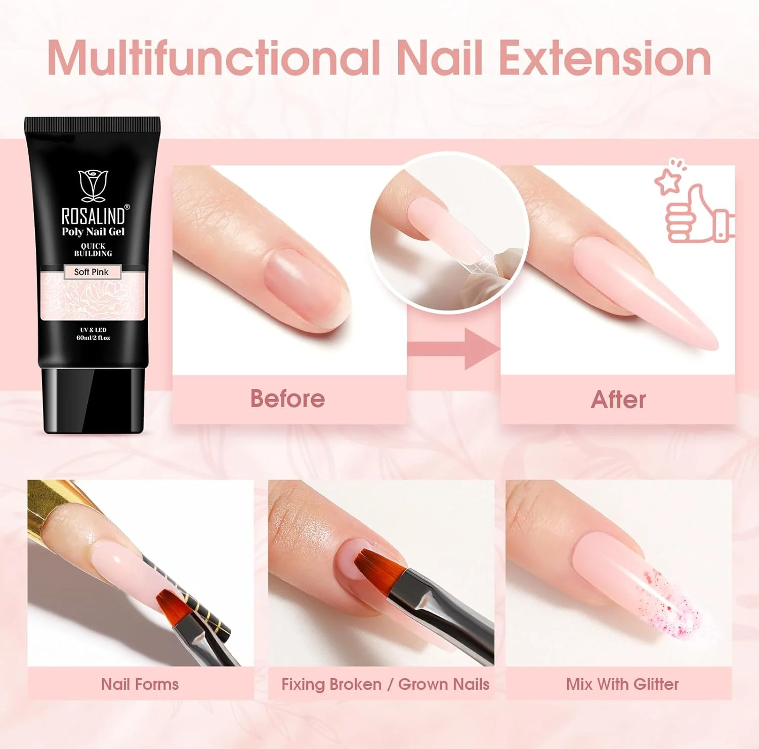 ژل پلی ناخن صورتی ملایم ROSALIND، ژل اکستنشن پلی 60 میلی لیتری برای تزئینات طراحی ناخن، اکستنشن ضخیم کننده ناخن، استفاده آسان، تقویت کننده ناخن صورتی نیاز به لامپ UV (نسخه به روز شده) ژل پلی ناخن صورتی ملایم ROSALIND، ژل اکستنشن پلی 60 میلی لیتری برای تزئینات طراحی ناخن، اکستنشن ضخیم کننده ناخن، استفاده آسان، تقویت کننده ناخن صورتی نیاز به لامپ UV (نسخه به روز شده)