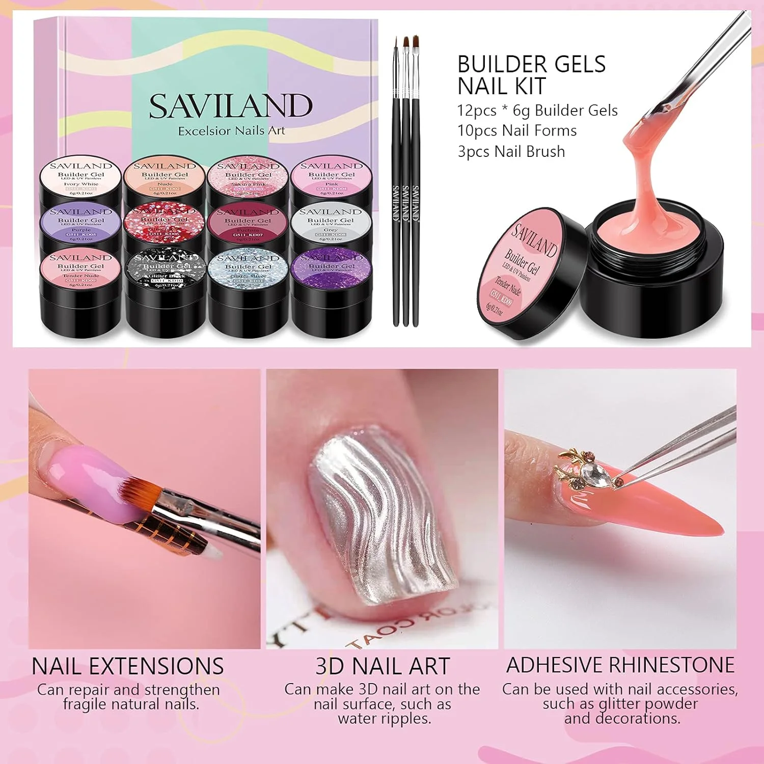کیت ژل بیلدر ناخن ساویلند - 12 رنگ ژل اکستنشن ناخن، ژل سخت اکلیلی، رنگ های نود، صورتی، بنفش، ژل های یو وی/ال ای دی، تقویت کننده ناخن، ست مانیکور طراحی ناخن با 3 عدد برس ناخن و قالب ناخن