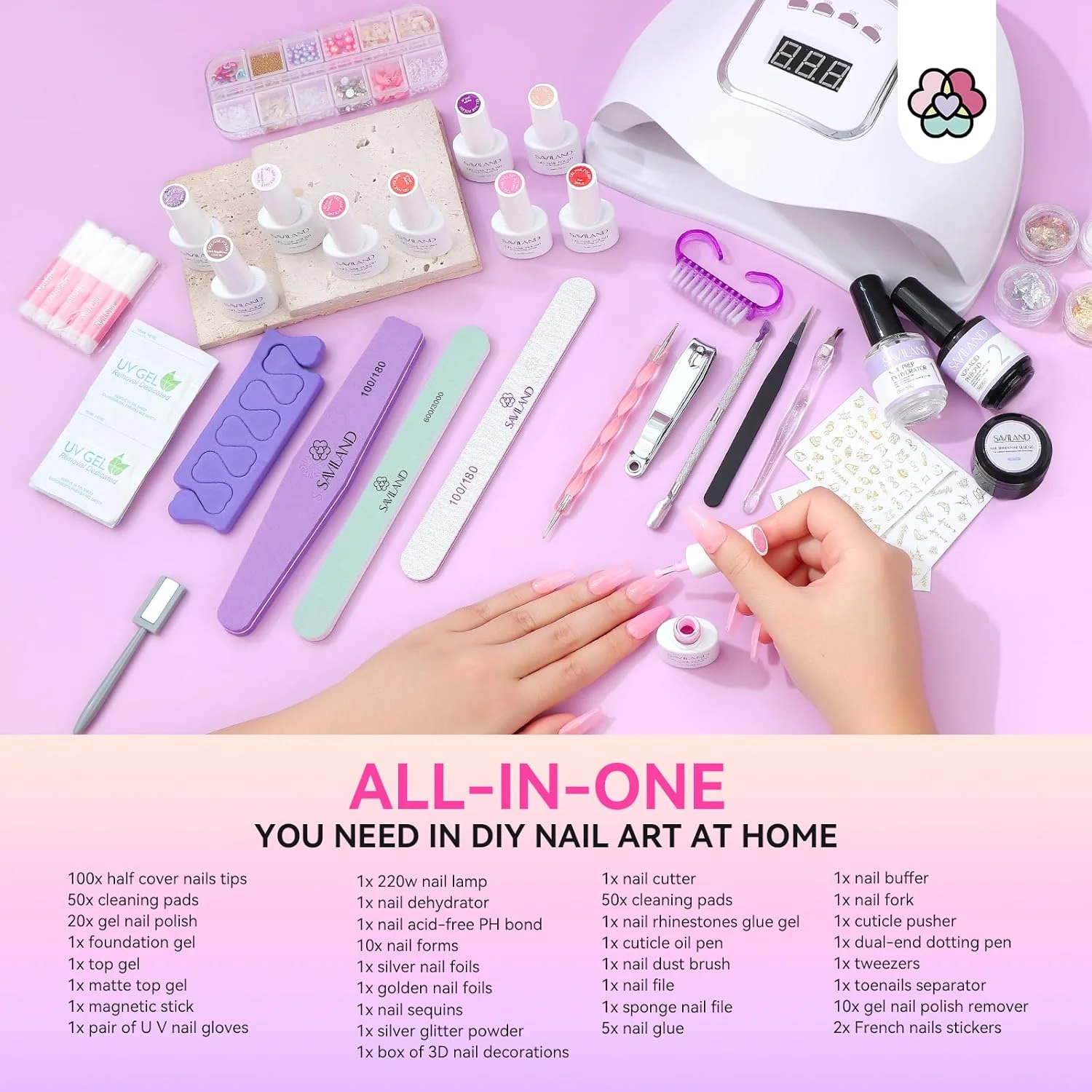 ست کامل لاک ژل ساویلند - 20 رنگ لاک ژل، 3 بیلدر ژل، لامپ ناخن LED UV 220 وات، بیس و تاپ کت، ابزار طراحی ناخن برای کاشت و تقویت ناخن، مناسب استفاده خانگی و سالن