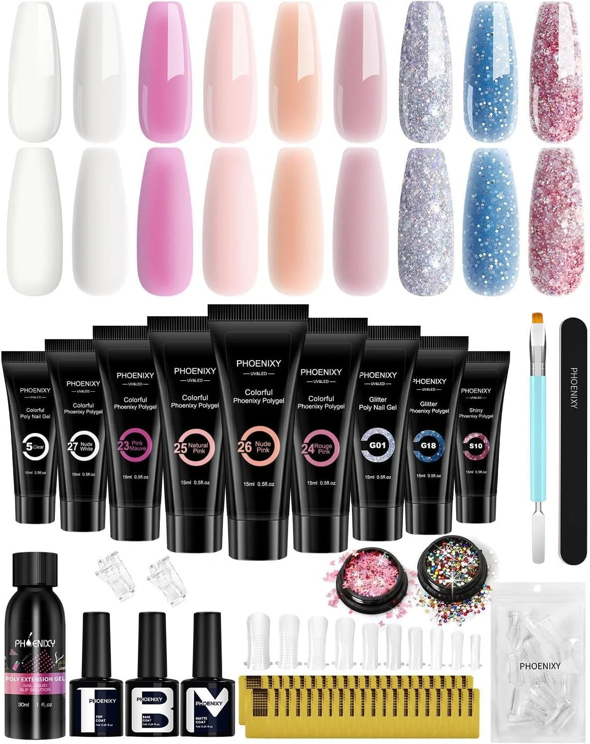 کیت ژل پلی ناخن Phoenixy، ست ژل اکستنشن ناخن پلی 15 میلی لیتری 9 رنگ، کیت استارتر تقویت کننده با محلول لغزنده، ابزار اولیه مانیکور، هدیه برای زنان