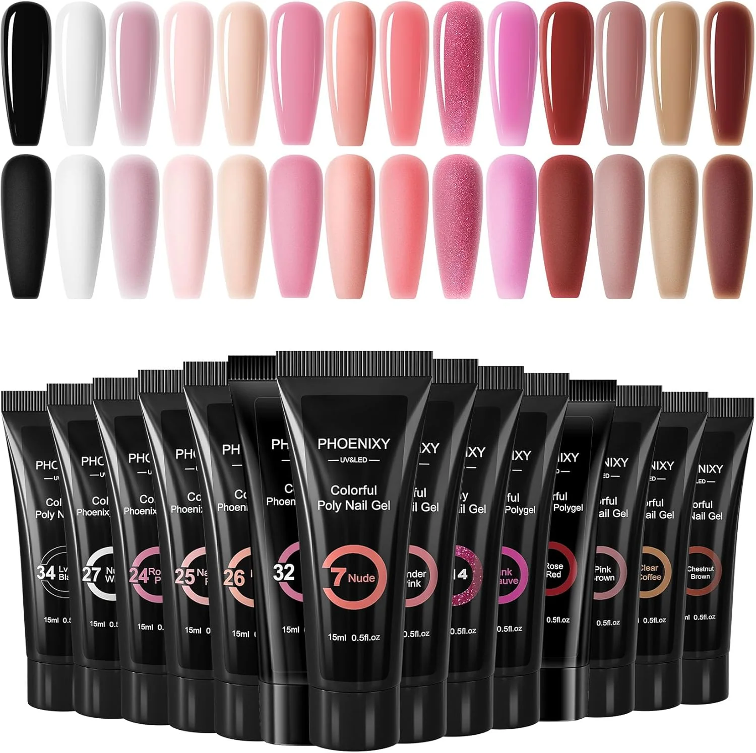 ست کامل ژل ناخن Phoenixy U V، شامل 14 رنگ، 15 میلی لیتر، کیت ژل اکستنشن پلی ناخن، لوله پلی صورتی و نود، ژل طراحی ناخن، ژل ساخت ناخن، هدیه ای برای زنان