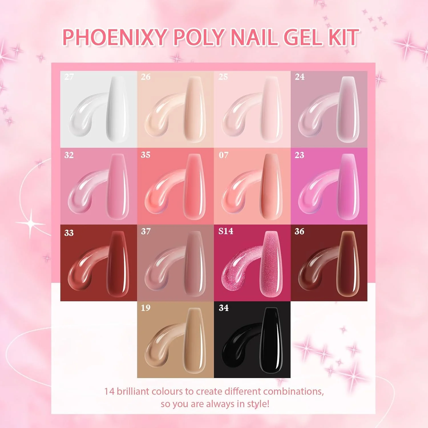 ست کامل ژل ناخن Phoenixy U V، شامل 14 رنگ، 15 میلی لیتر، کیت ژل اکستنشن پلی ناخن، لوله پلی صورتی و نود، ژل طراحی ناخن، ژل ساخت ناخن، هدیه ای برای زنان