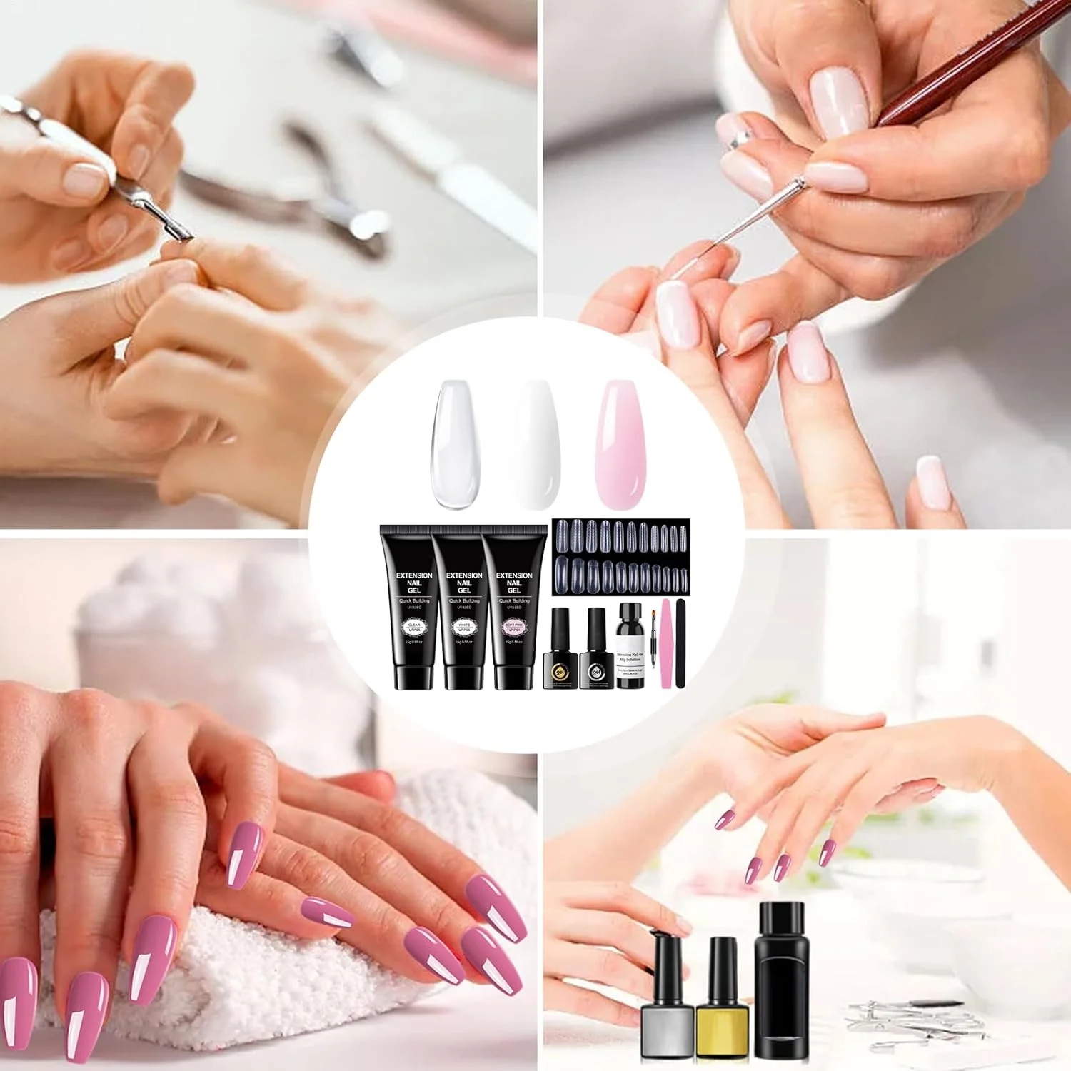 کیت اکستنشن ناخن ژلی، کیت اکستنشن ناخن با تیپ ژلی با 3 رنگ - ست مجسمه سازی قابل تنظیم، لوازم جانبی، ابزار هنری چسب با ماندگاری طولانی برای سالن، خانه، مبتدیان، دختران