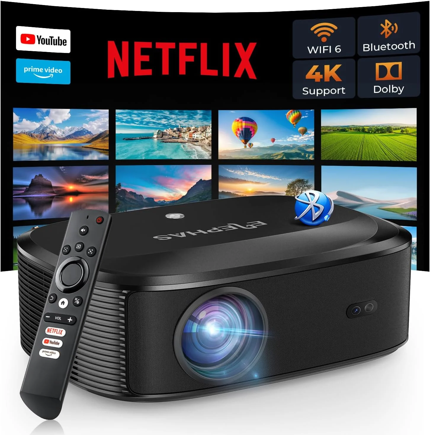 پروژکتور 4K با وای فای و بلوتوث، پروژکتور فیلم فضای باز ELEPHAS با NETFLIX/Prime Video/YouTube داخلی، پشتیبانی از +100,000 برنامه، پروژکتور ویدیویی سازگار با HDMI/USB/iOS/Android/Windows پروژکتور 4K با وای فای و بلوتوث، پروژکتور فیلم فضای باز ELEPHAS با NETFLIX/Prime Video/YouTube داخلی، پشتیبانی از +100,000 برنامه، پروژکتور ویدیویی سازگار با HDMI/USB/iOS/Android/Windows