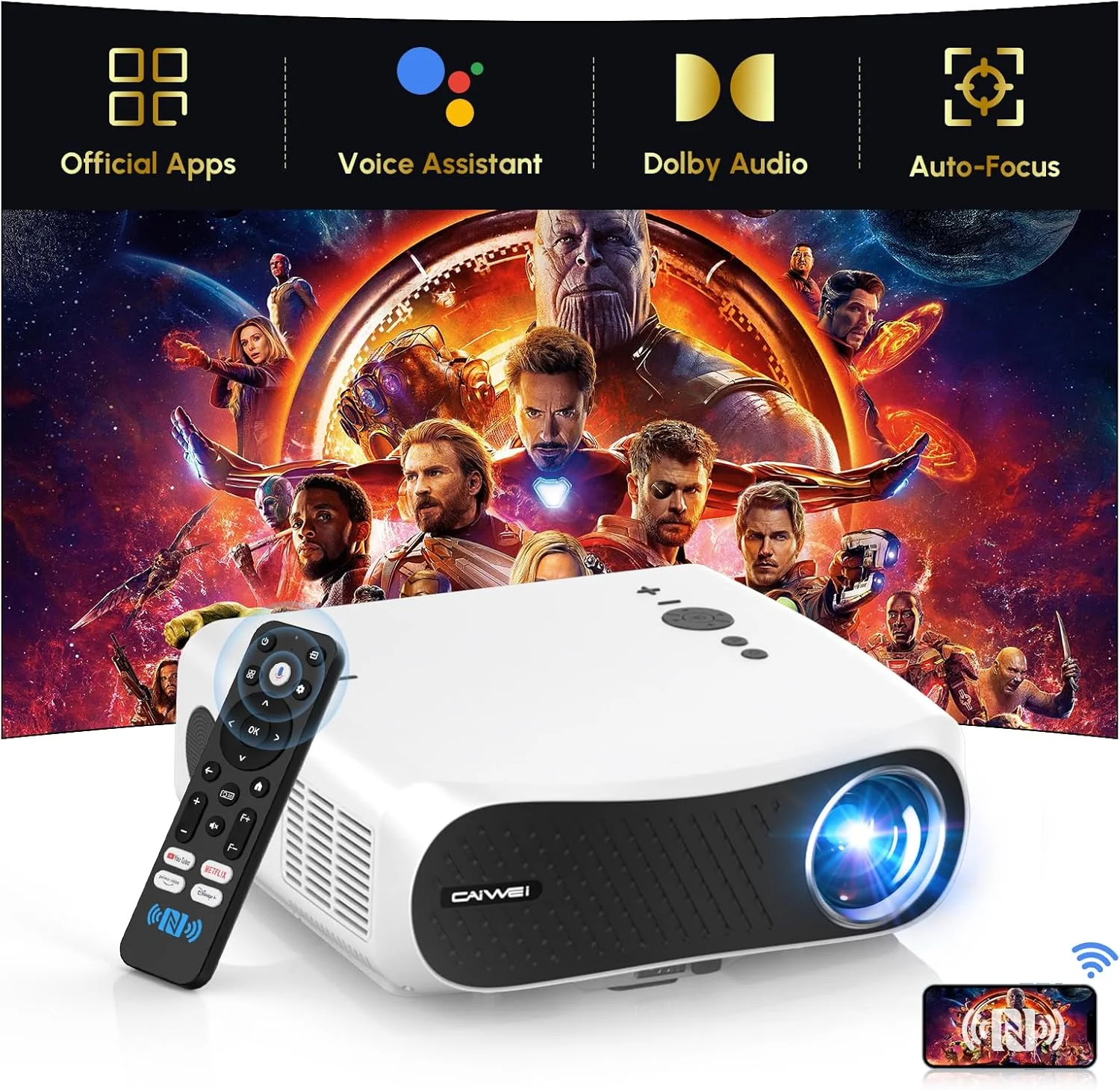پروژکتور هوشمند 4K HDR WiFi 6 بلوتوث NFC، 1250 انسی لومن، مناسب تماشای روز/نور روز، پروژکتور Google TV با Netflix Dolby Audio HDMI ARC، فوکوس و کیستون خودکار، زوم، برای تماشای فیلم، بازی و اتاق خواب پروژکتور هوشمند 4K HDR WiFi 6 بلوتوث NFC، 1250 انسی لومن، مناسب تماشای روز/نور روز، پروژکتور Google TV با Netflix Dolby Audio HDMI ARC، فوکوس و کیستون خودکار، زوم، برای تماشای فیلم، بازی و اتاق خواب