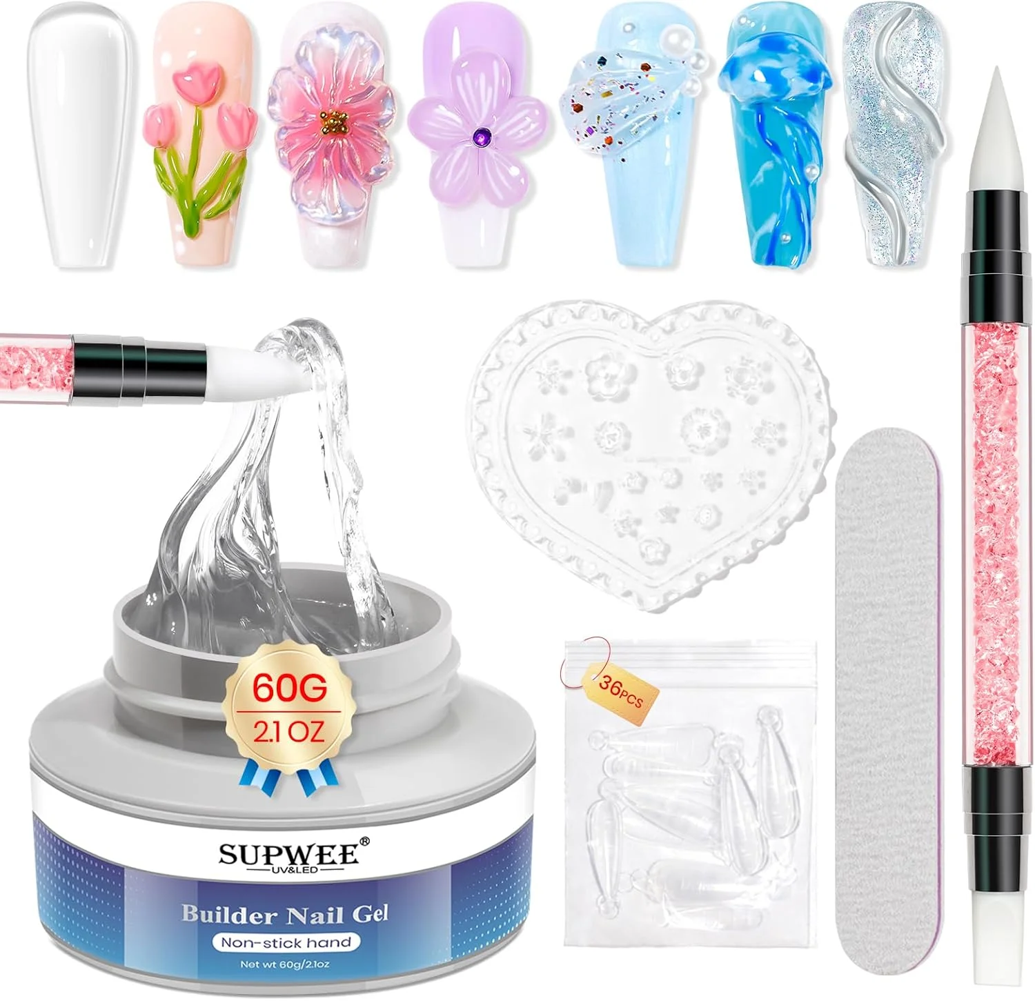 ژل بیلدر جامد ناخن Supwee، ژل اکستنشن ناخن شفاف و غیر چسبنده، ظرفیت بزرگ 60 گرم، ژل بیلدر مجسمه سازی، طراحی الگوهای سه بعدی، ژل سخت هنر ناخن