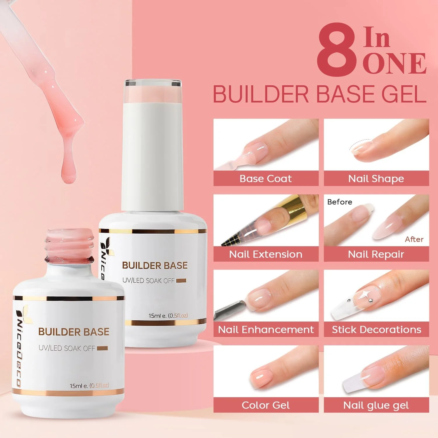 لاک ژل بیس بیلدر بدون اسید Nicedeco Hema، دو عدد 15 میلی لیتر، بدون تست حیوانی، وگان، رنگ صورتی هلویی، قابل خیساندن، کیت مانیکور ناخن ژلی LED U V، 2-8