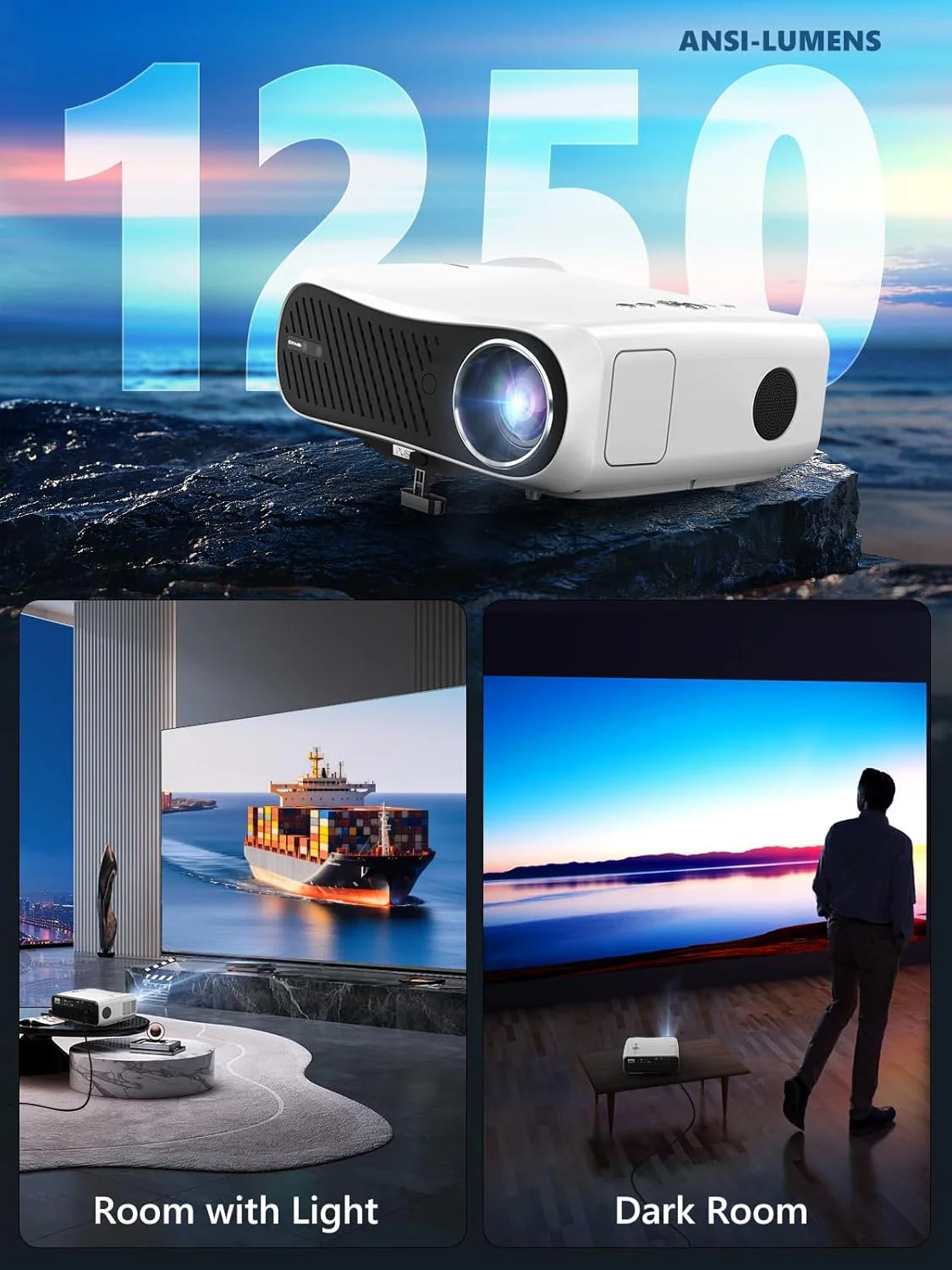 پروژکتور هوشمند 4K HDR WiFi 6 بلوتوث NFC، 1250 انسی لومن، مناسب تماشای روز/نور روز، پروژکتور Google TV با Netflix Dolby Audio HDMI ARC، فوکوس و کیستون خودکار، زوم، برای تماشای فیلم، بازی و اتاق خواب