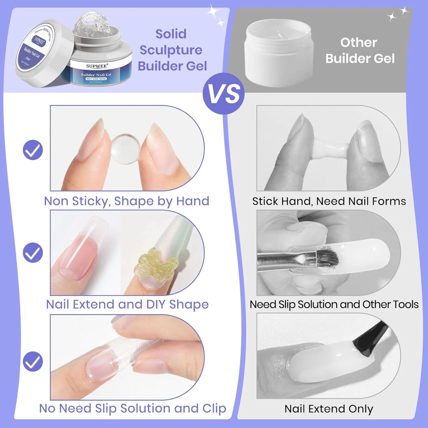 ژل بیلدر جامد ناخن Supwee، ژل اکستنشن ناخن شفاف و غیر چسبنده، ظرفیت بزرگ 60 گرم، ژل بیلدر مجسمه سازی، طراحی الگوهای سه بعدی، ژل سخت هنر ناخن