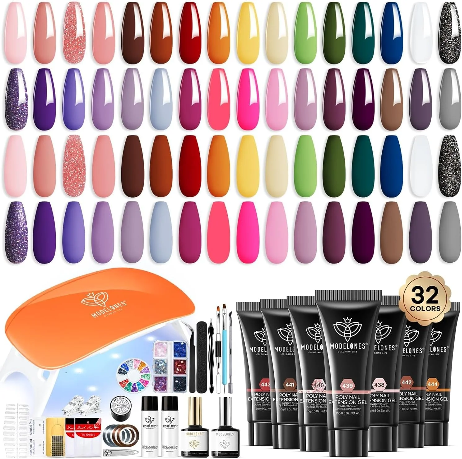 ست ژل پلی اکستنشن 133 تکه Modelones، 32 رنگ تمام فصل با لامپ، محلول لغزنده، بیلدر، ابزار مانیکور، قالب برای شروع هنر - رنگ پاییزی زنانه