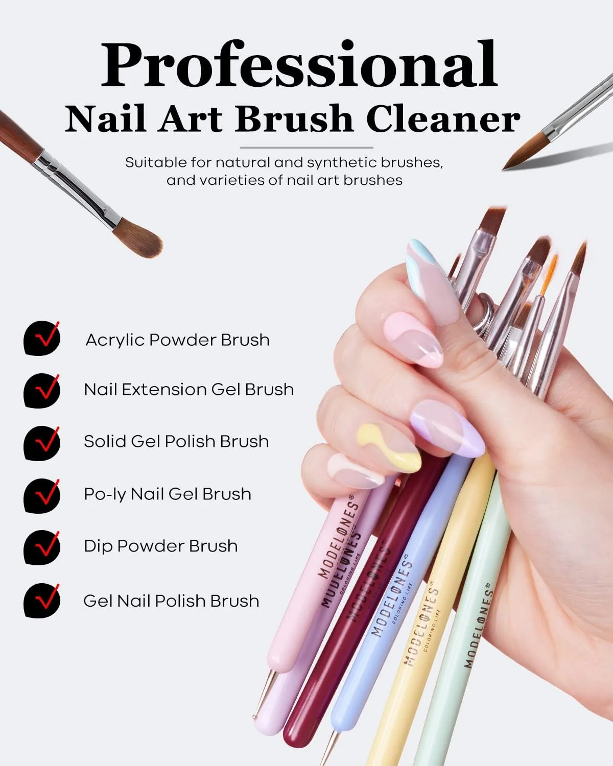 محلول تمیز کننده و احیا کننده قلم طراحی ناخن Modelones برای لاک ناخن/ژل اکستنشن/ژل بیلدر جامد/پودر دیپ/ست های مانیکور اکریلیک DIY سالن در خانه - 80 میلی لیتر، با قلم حرفه ای
