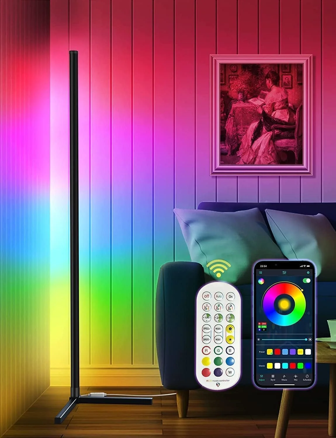 چراغ ایستاده گوشه ای جدید، تغییر رنگ RGB، ال ای دی هوشمند، واکنش به موسیقی، حالت DIY، چراغ ایستاده ال ای دی چند رنگ مدرن با قابلیت تنظیم نور چراغ ایستاده گوشه ای جدید، تغییر رنگ RGB، ال ای دی هوشمند، واکنش به موسیقی، حالت DIY، چراغ ایستاده ال ای دی چند رنگ مدرن با قابلیت تنظیم نور