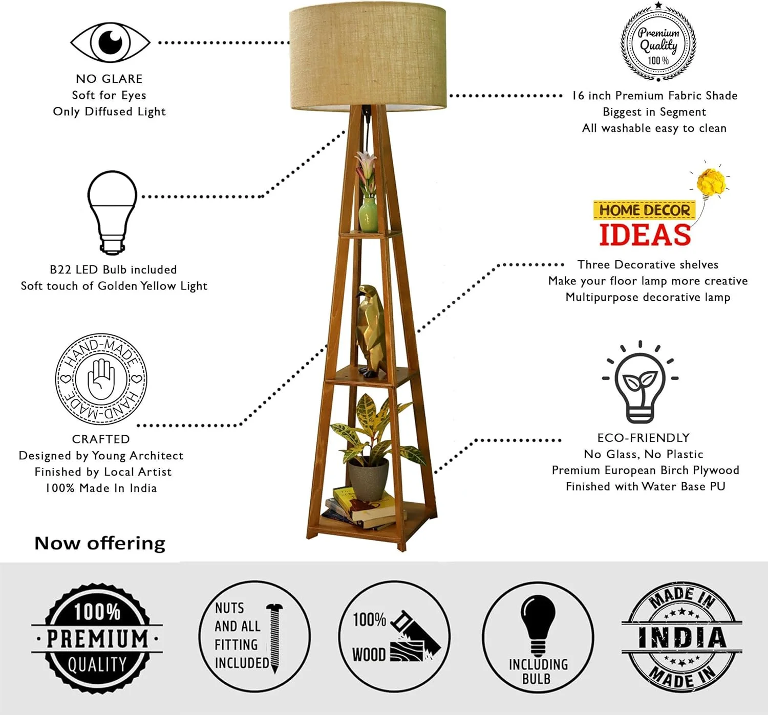 چراغ ایستاده چوبی Crosscut Furniture با قفسه (کنف طبیعی). شامل لامپ LED چراغ ایستاده چوبی Crosscut Furniture با قفسه (کنف طبیعی). شامل لامپ LED