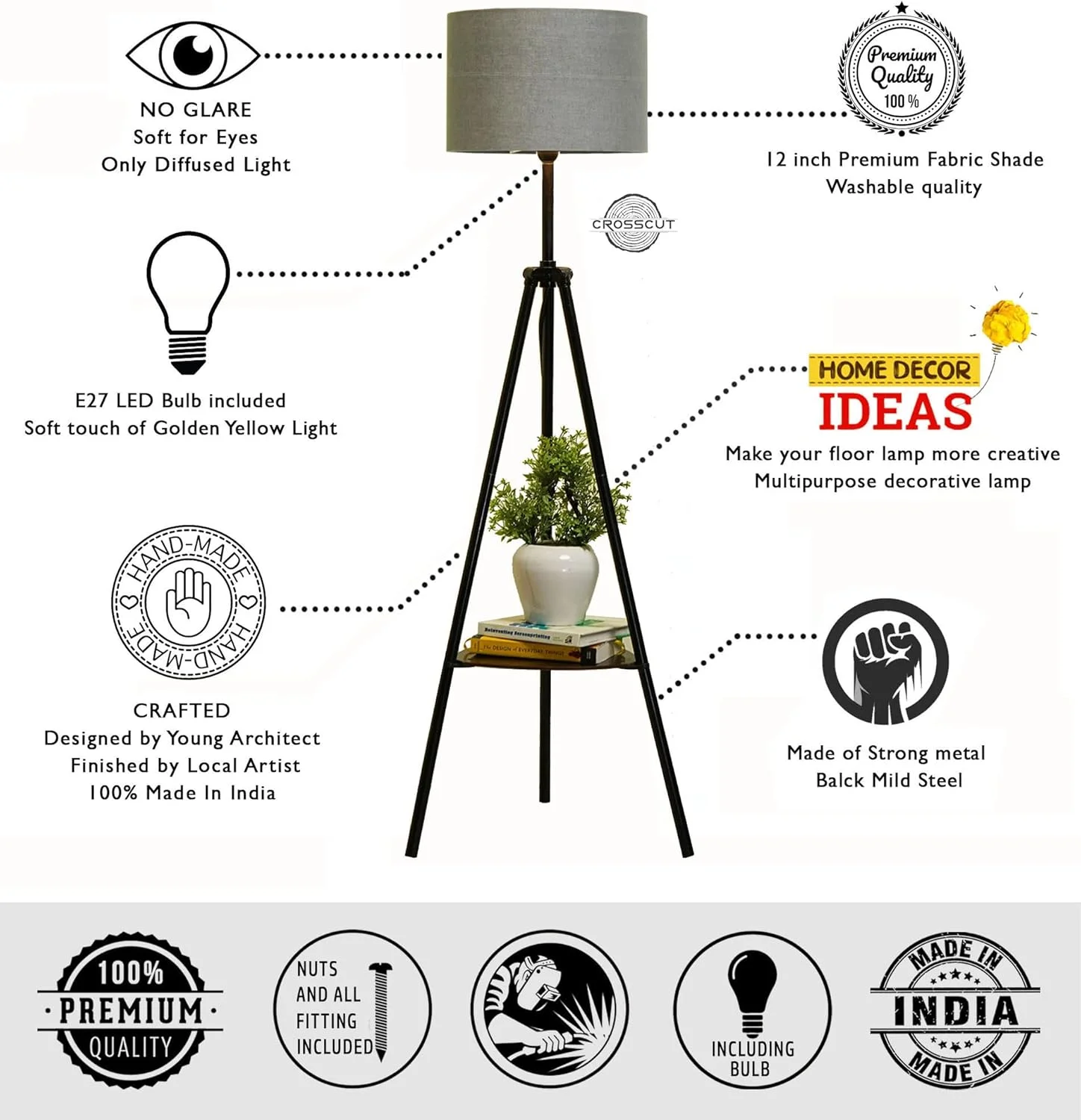 چراغ ایستاده فلزی Crosscut Furniture با قفسه تزئینی (خاکستری گوتیک) چراغ ایستاده فلزی Crosscut Furniture با قفسه تزئینی (خاکستری گوتیک)