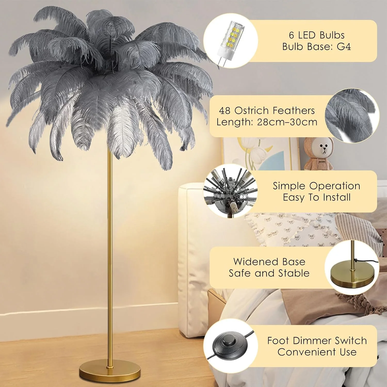 چراغ ایستاده پر شترمرغ، چراغ LED دیمر دار 160 سانتی متری، چراغ سه رنگ با پایه طلایی برای دکوراسیون شیک اتاق نشیمن و گوشه اتاق خواب، خاکستری، بزرگ چراغ ایستاده پر شترمرغ، چراغ LED دیمر دار 160 سانتی متری، چراغ سه رنگ با پایه طلایی برای دکوراسیون شیک اتاق نشیمن و گوشه اتاق خواب، خاکستری، بزرگ
