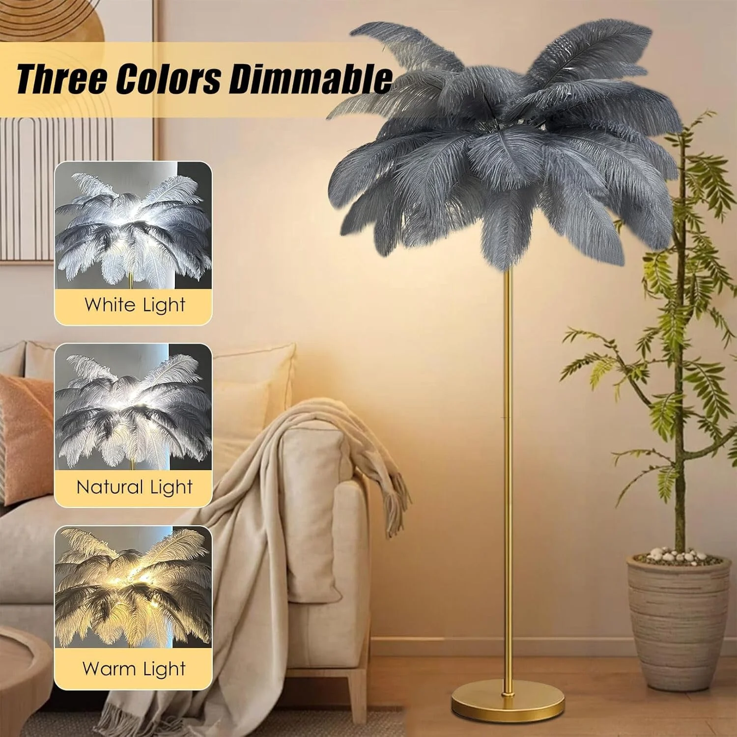 چراغ ایستاده پر شترمرغ، چراغ LED دیمر دار 160 سانتی متری، چراغ سه رنگ با پایه طلایی برای دکوراسیون شیک اتاق نشیمن و گوشه اتاق خواب، خاکستری، بزرگ چراغ ایستاده پر شترمرغ، چراغ LED دیمر دار 160 سانتی متری، چراغ سه رنگ با پایه طلایی برای دکوراسیون شیک اتاق نشیمن و گوشه اتاق خواب، خاکستری، بزرگ
