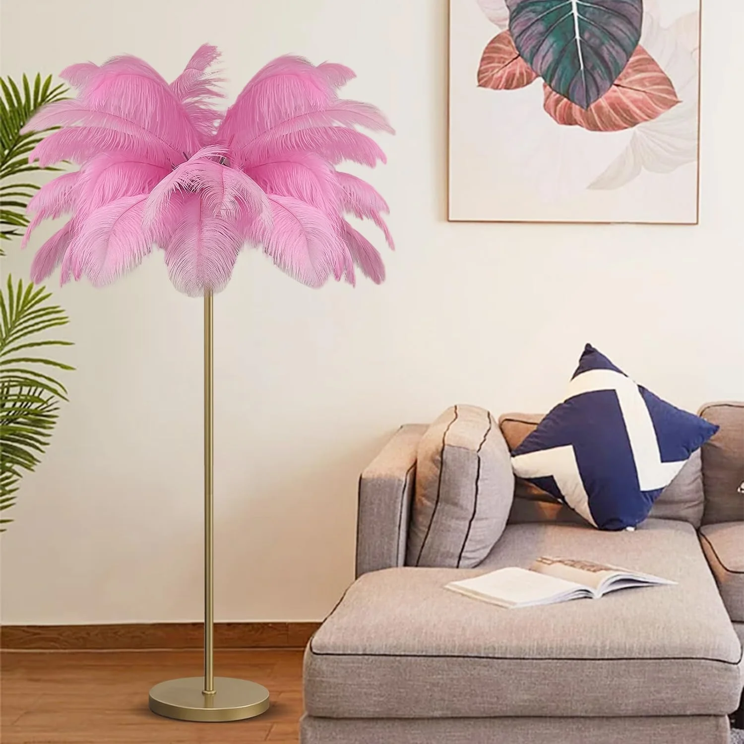 چراغ ایستاده پر شترمرغ، (160 سانتی متر) چراغ درختی ایستاده به سبک روستایی با آباژور پر، صورتی، بزرگ چراغ ایستاده پر شترمرغ، (160 سانتی متر) چراغ درختی ایستاده به سبک روستایی با آباژور پر، صورتی، بزرگ