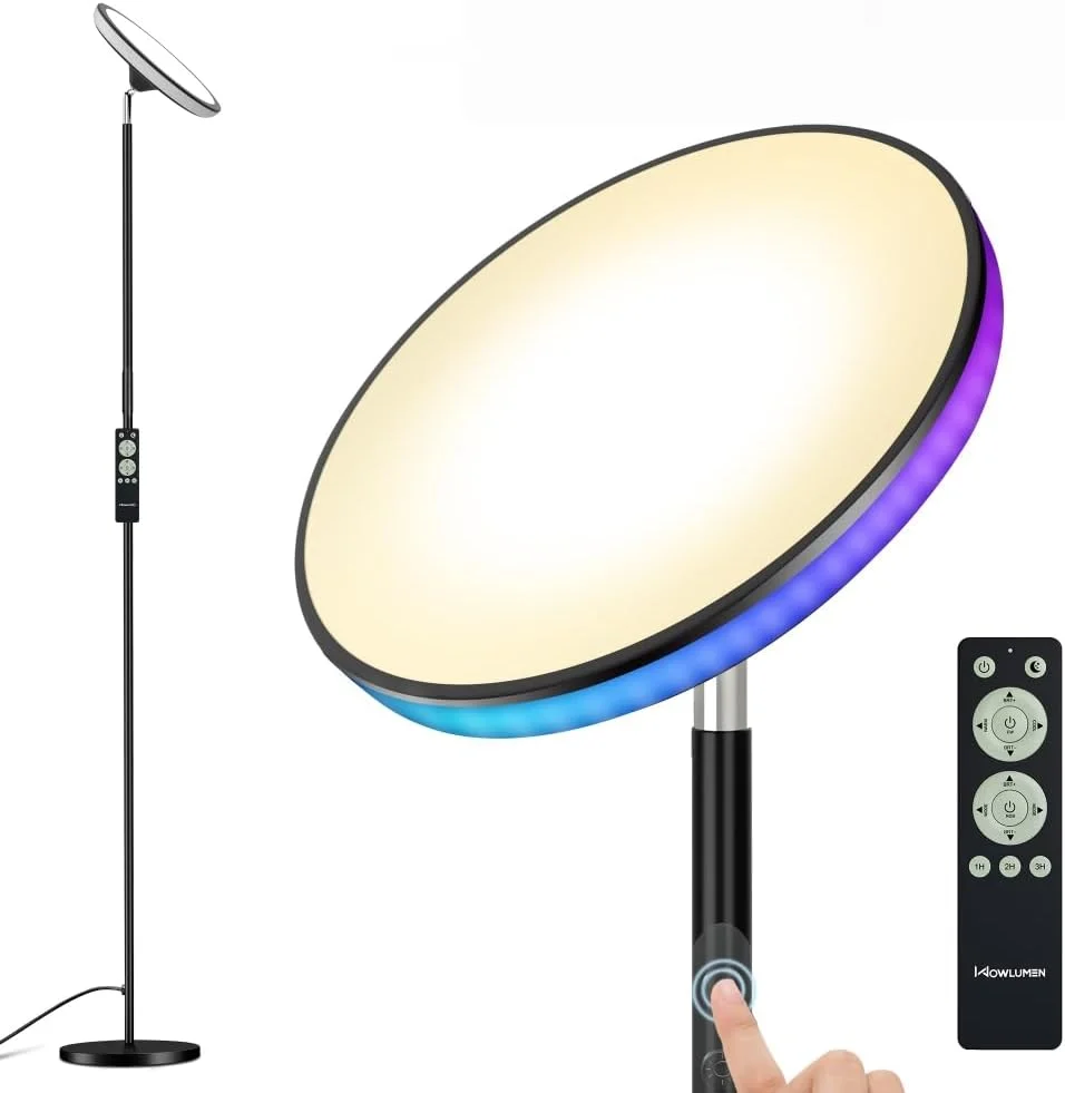 چراغ ایستاده روشن WOWLUMEN، چراغ های ایستاده 42 وات 3700 لومن LED برای اتاق نشیمن، 180 سانتی متر. چراغ ایستاده بلند مدرن با کنترل از راه دور، نور آسمان با قابلیت تنظیم رنگ و روشنایی، تایمر 1/2/3 ساعته برای اتاق خواب، دفتر کار - مشکی