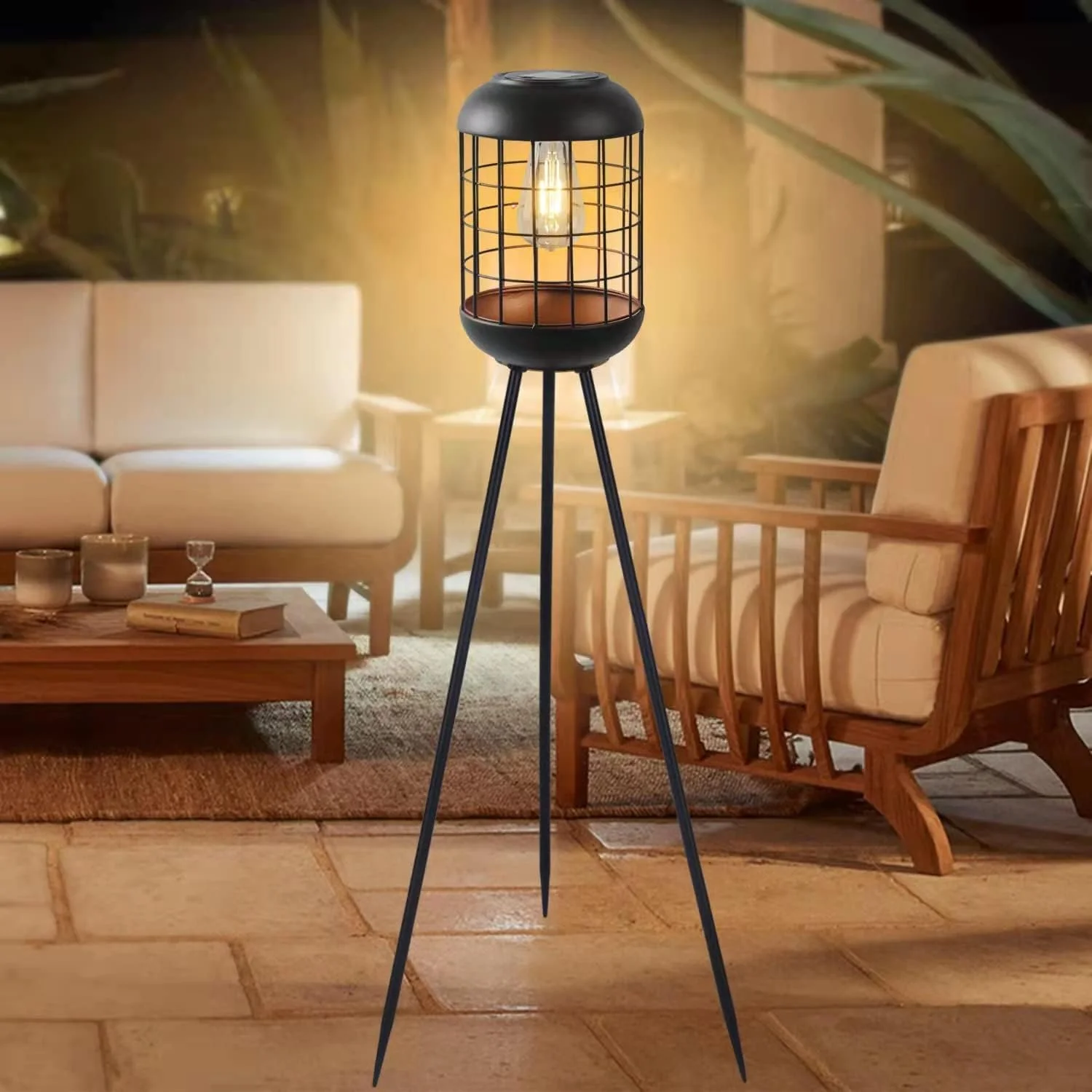 چراغ خورشیدی ایستاده YHSOLAR، فانوس های بزرگ مناسب فضای باز برای پاسیو، چراغ خورشیدی بزرگ ضد آب با سه پایه فلزی مناسب برای دکوراسیون عرشه، چمن، حیاط یا ایوان (مشکی)