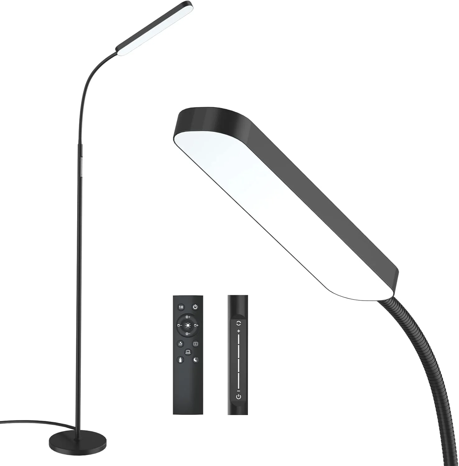چراغ ایستاده Wio-Mio، چراغ LED روشن 15 وات/1000 لومن با رنگ های 3000K-6000K قابل تنظیم و دیمر، کنترل از راه دور و لمسی، چراغ ایستاده گردن غازی قابل تنظیم برای اتاق نشیمن