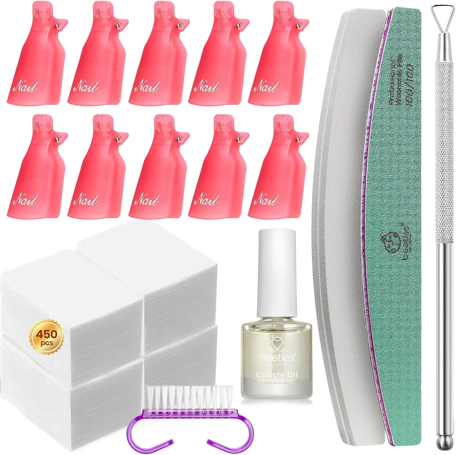 ست ریموور لاک ژل Beetles با 450 عدد پد بدون پرز ناخن، 10 عدد کلیپس ریموور لاک ژل، روغن کوتیکول، عقب زن کوتیکول، سوهان ناخن ست ریموور لاک ژل Beetles با 450 عدد پد بدون پرز ناخن، 10 عدد کلیپس ریموور لاک ژل، روغن کوتیکول، عقب زن کوتیکول، سوهان ناخن