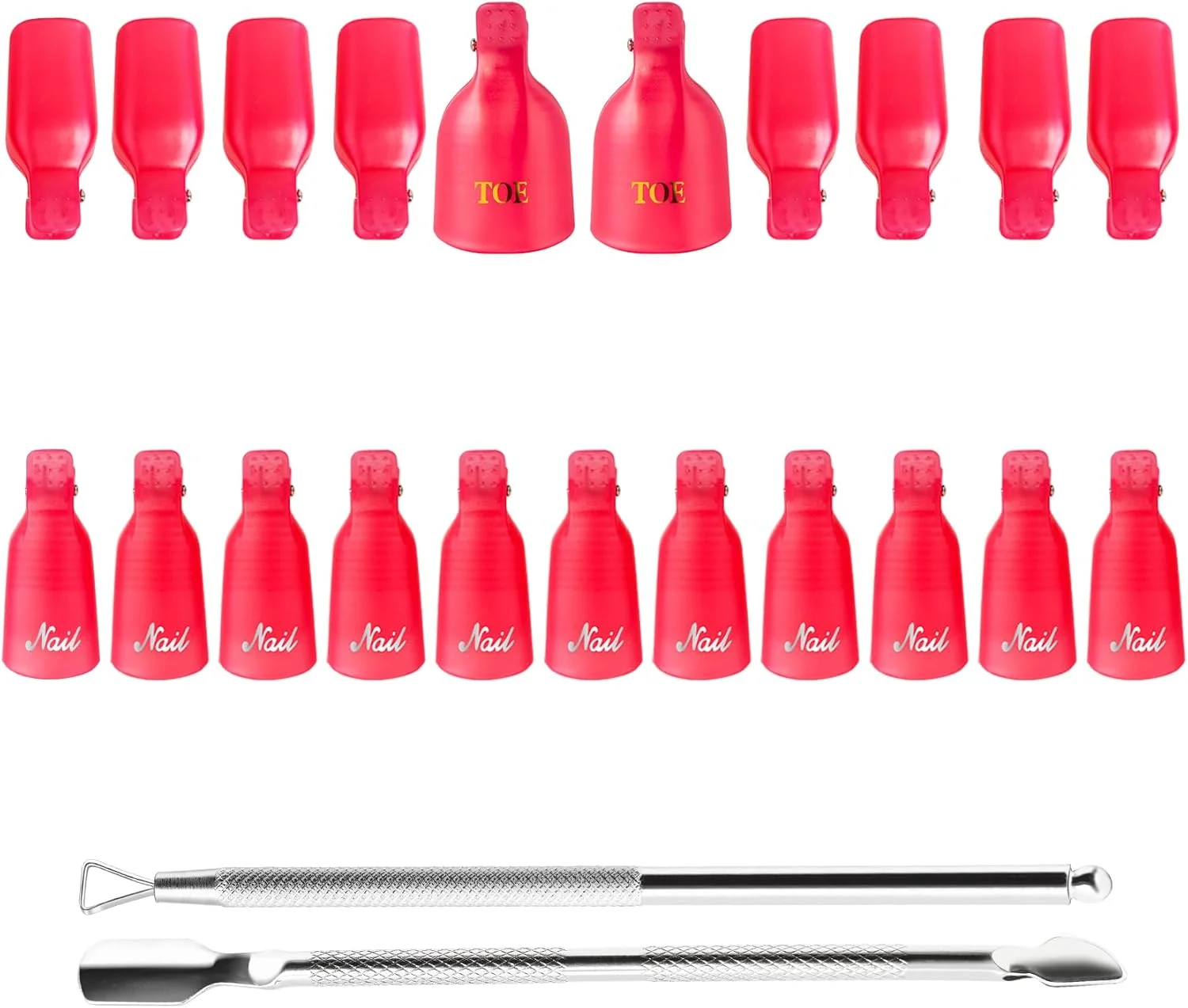 ست گیره لاک پاک کن CHAOMAO، 20 عدد گیره پلاستیکی قابل استفاده مجدد برای ناخن های دست و پا، به همراه عقب زن و کاتر فلزی دو طرفه کوتیکول