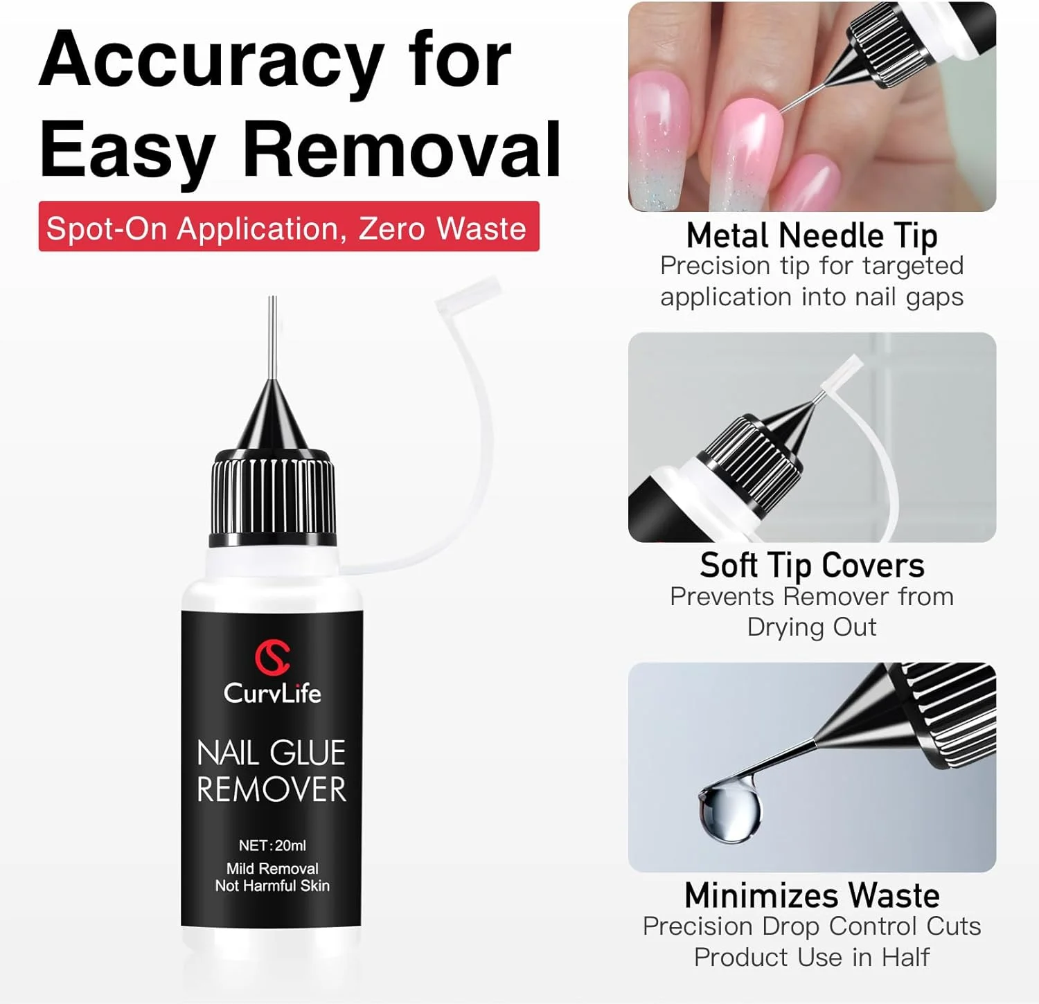 محلول پاک کننده چسب ناخن Curvlife با نوک سوزنی 20 میلی لیتری، پاک کننده چند منظوره برای تیپ ناخن، پاک کننده ملایم چسب برای ناخن های ژل ایکس، بدون استون محلول پاک کننده چسب ناخن Curvlife با نوک سوزنی 20 میلی لیتری، پاک کننده چند منظوره برای تیپ ناخن، پاک کننده ملایم چسب برای ناخن های ژل ایکس، بدون استون