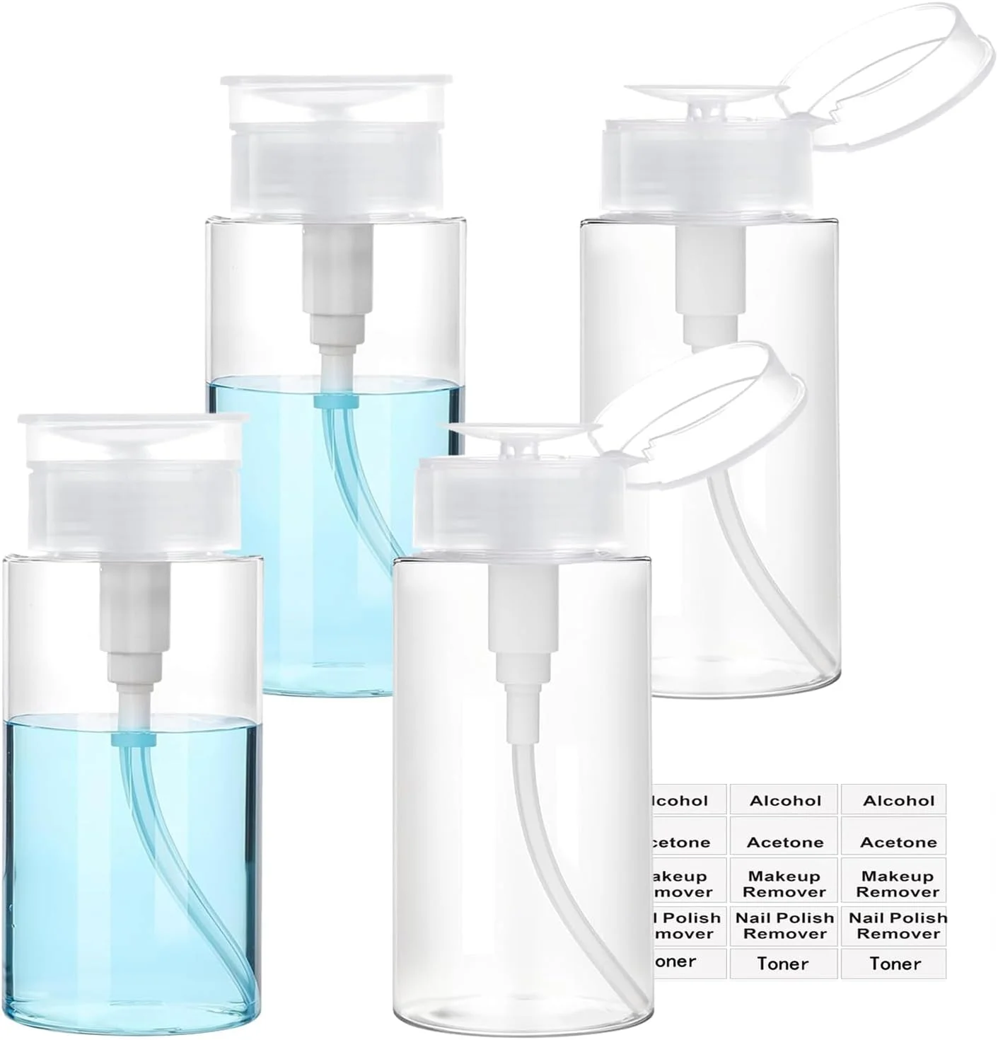 ظرف پمپ دار فشاری، بطری های پمپ دار شفاف برای الکل، استون، پاک کننده لاک ناخن، پاک کننده آرایش، تونر، برچسب، ظرف خالی فشاری برای مایعات (100 میلی لیتر - 4 عددی)