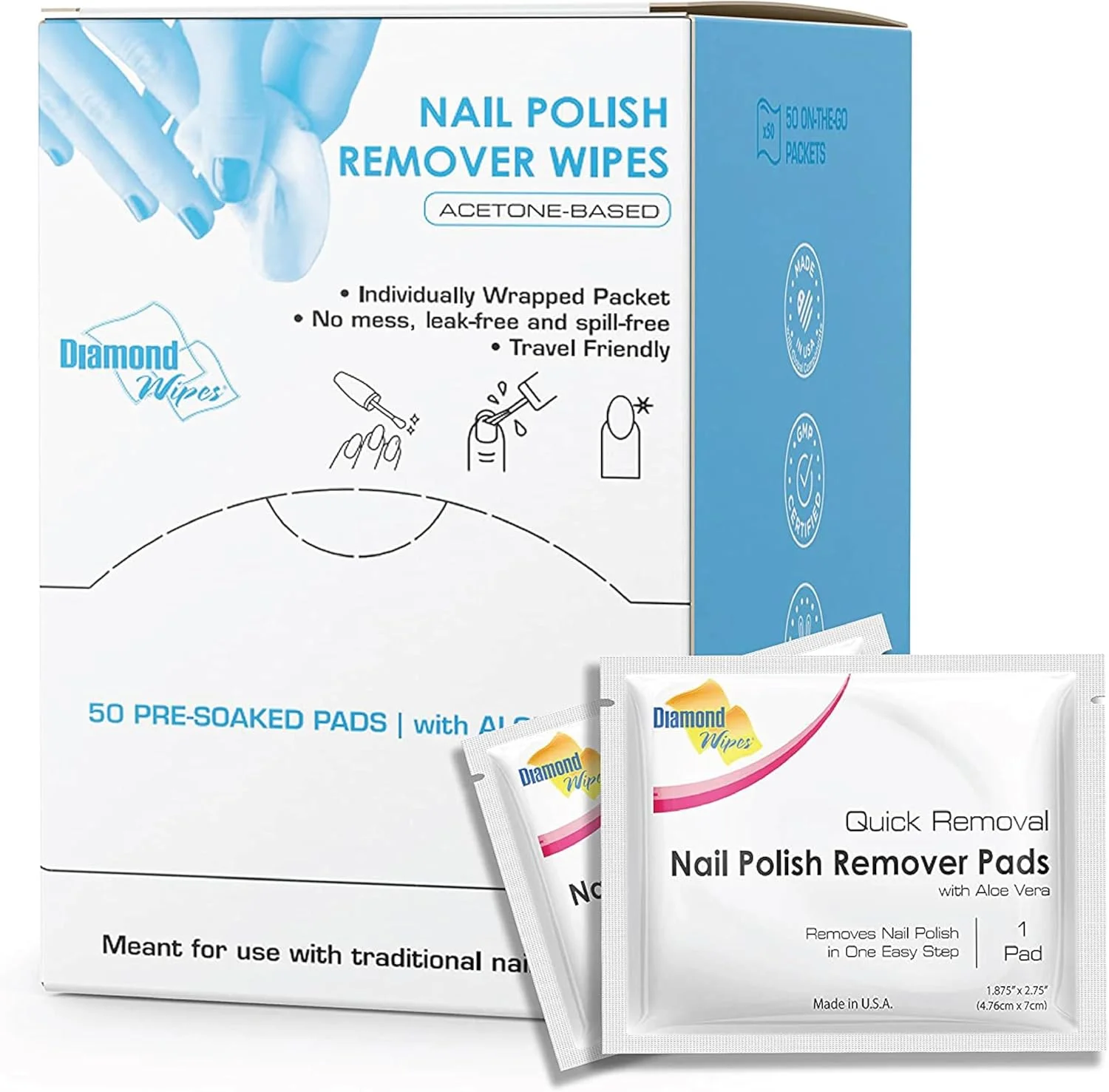 پدهای لاک پاک کن Diamond Wipes، بسته بندی تک عددی، پد ضخیم و آغشته به محلول برای مسافرت - بسته 50 عددی