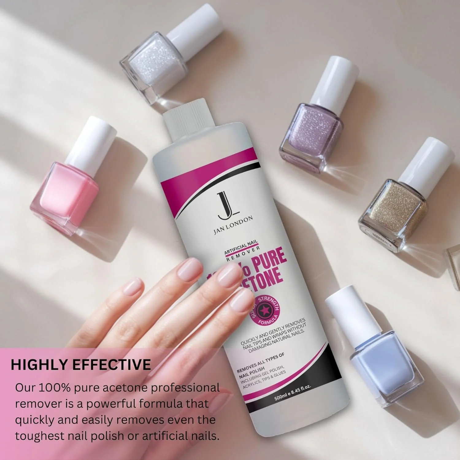 پاک کننده لاک ناخن استون خالص 2 در 1 JAN LONDON حجم 500 میلی لیتر و پدهای پنبه ای ضد حساسیت ممتاز: فرمول خیساندن سریع الاثر به همراه 200 پد نرم و جاذب برای پاک کردن ملایم لاک ناخن