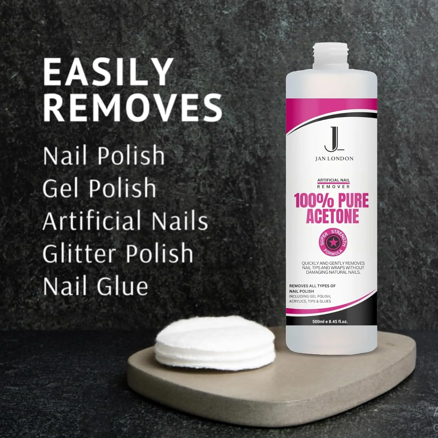 پاک کننده لاک ناخن استون خالص 2 در 1 JAN LONDON حجم 500 میلی لیتر و پدهای پنبه ای ضد حساسیت ممتاز: فرمول خیساندن سریع الاثر به همراه 200 پد نرم و جاذب برای پاک کردن ملایم لاک ناخن