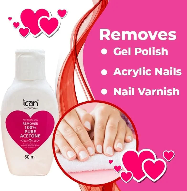 پاک کننده لاک ناخن ۱۰۰٪ استون خالص آیکان لندن، مناسب برای ژل UV، حجم 50 میلی لیتر، اندازه مسافرتی