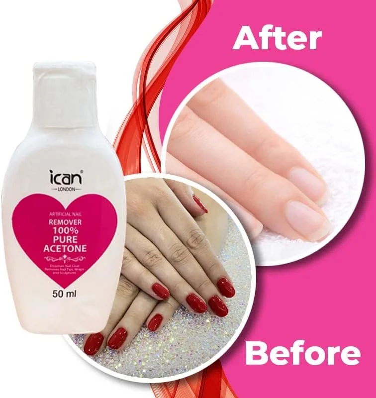 پاک کننده لاک ناخن ۱۰۰٪ استون خالص آیکان لندن، مناسب برای ژل UV، حجم 50 میلی لیتر، اندازه مسافرتی