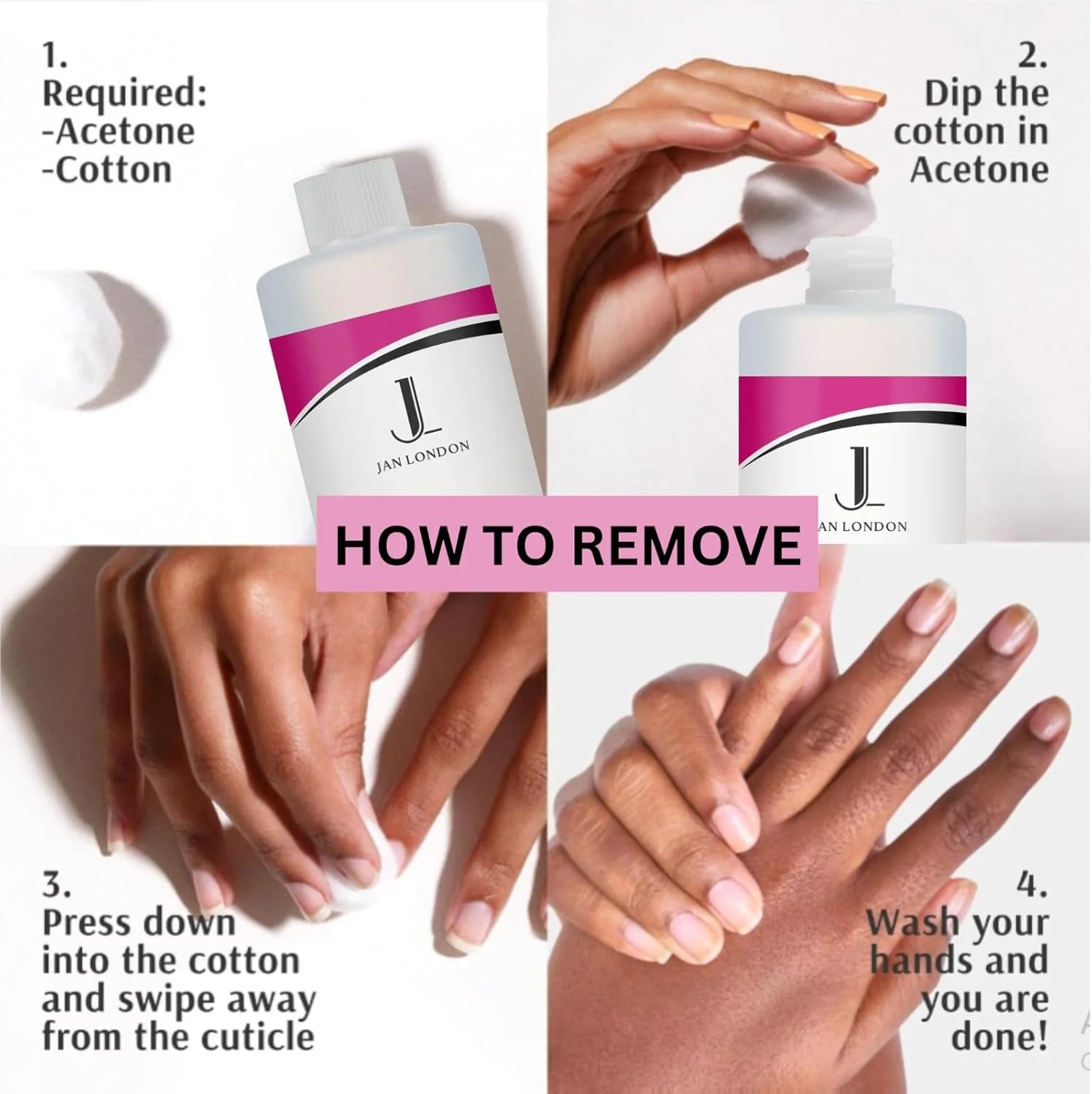 پاک کننده لاک ناخن استون خالص 2 در 1 JAN LONDON حجم 500 میلی لیتر و پدهای پنبه ای ضد حساسیت ممتاز: فرمول خیساندن سریع الاثر به همراه 200 پد نرم و جاذب برای پاک کردن ملایم لاک ناخن