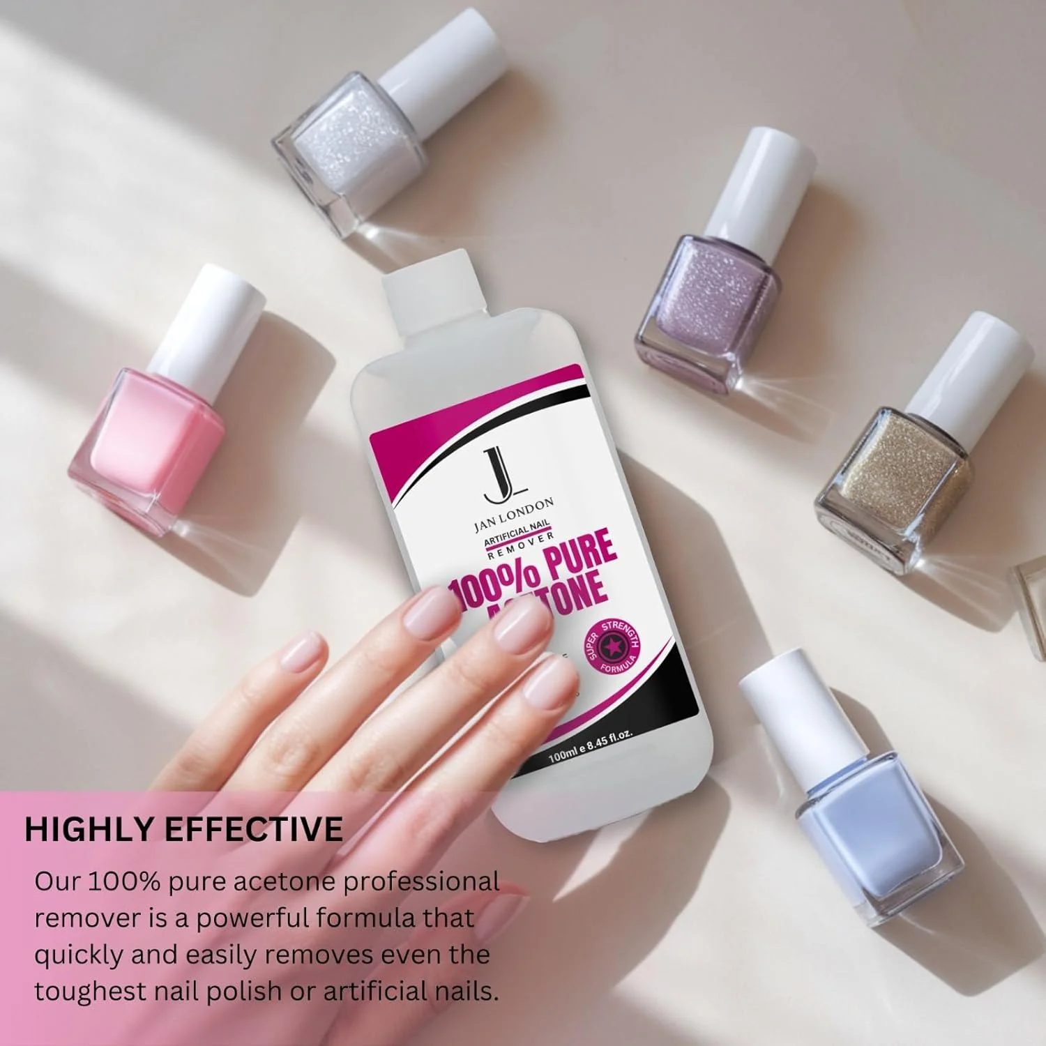 محلول پاک کننده لاک ناخن استون خالص 2 در 1 JAN LONDON حجم 100 میلی لیتر و پدهای پنبه ای ضد حساسیت ممتاز: فرمول خیساندن سریع الاثر به همراه 100 پد نرم و جاذب برای پاک کردن ملایم لاک ناخن