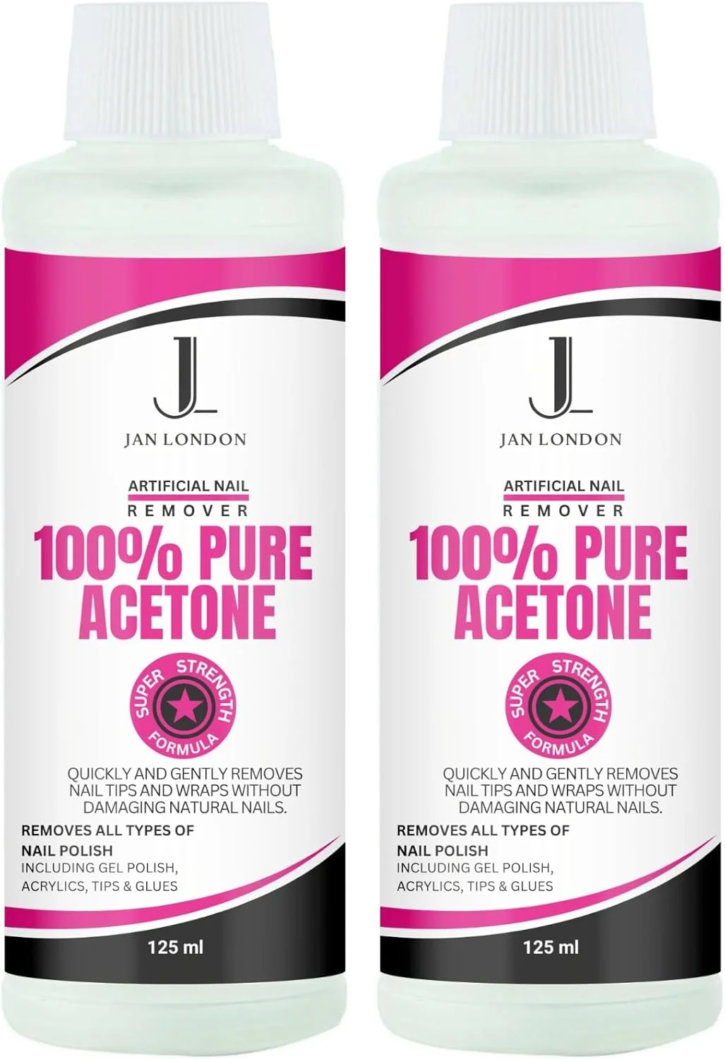 محلول پاک کننده لاک ناخن استون 100% خالص JAN LONDON برای ژل UV/LED، ناخن های اکریلیک و خیساندن لاک ناخن - فرمول قوی و سریع الاثر، 2 عدد 125 میلی لیتر