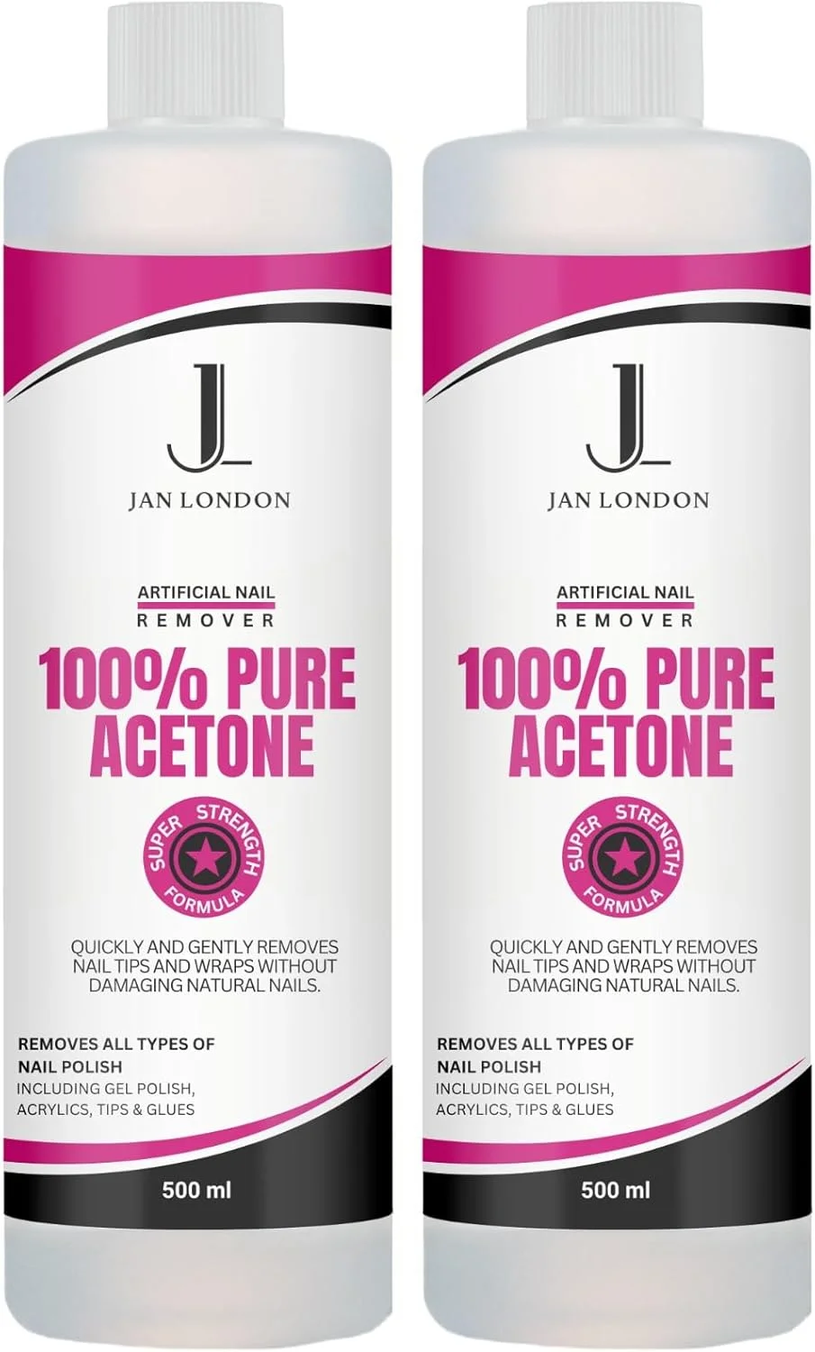 محلول پاک کننده لاک ناخن استون خالص 100% JAN LONDON برای ژل UV/LED، ناخن های اکریلیک و خیساندن لاک ناخن - فرمول قوی و سریع الاثر، 2 عدد 500 میلی لیتر