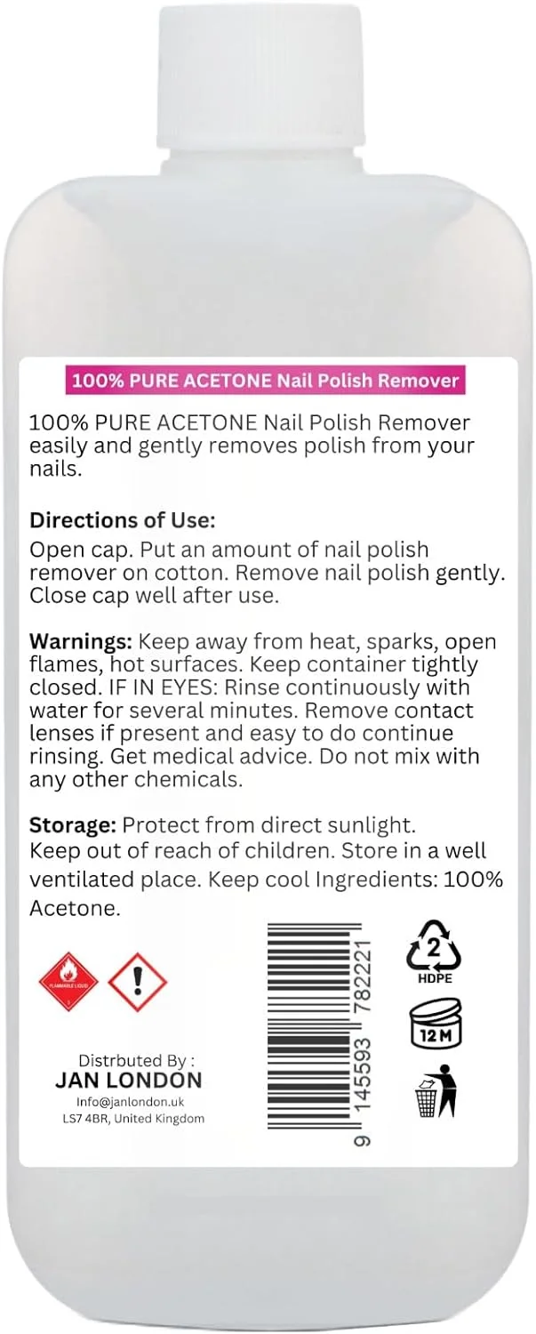 پاک کننده لاک ناخن استون 100% خالص JAN LONDON برای ژل UV/LED، ناخن های اکریلیک و خیساندن لاک ناخن - فرمول قوی و سریع الاثر، 2 عدد 100 میلی لیتری